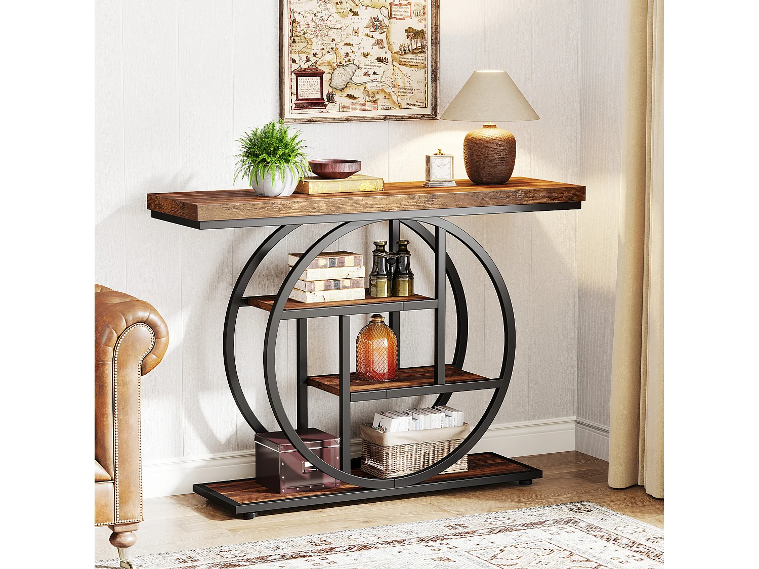 Table console industrielle à 4 niveaux avec base circulaire, tables d'appoint étroites en bois avec étagères de rangement pour salon