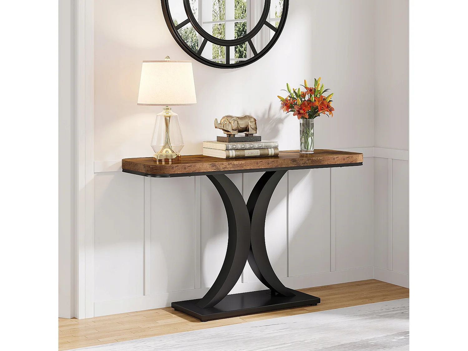 Industriële consoletafel, 100 cm smalle haltafel met geometrische voet, rustieke haltafel voor woonkamer, entree