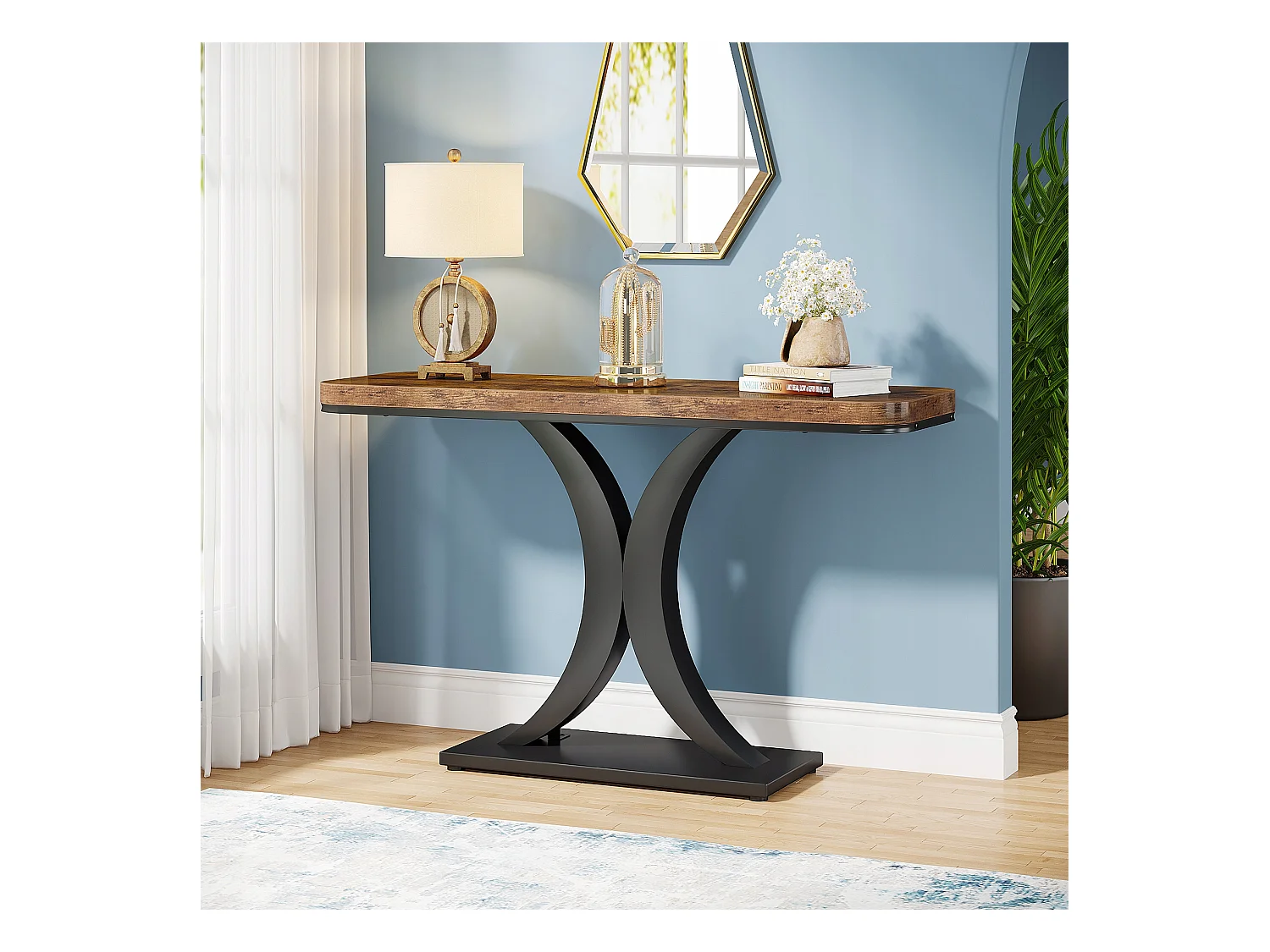 Industriële consoletafel, 100 cm smalle haltafel met geometrische voet, rustieke haltafel voor woonkamer, entree