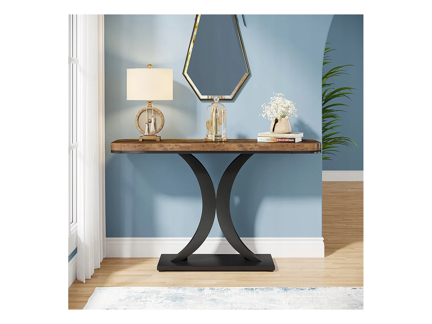 Industriële consoletafel, 100 cm smalle haltafel met geometrische voet, rustieke haltafel voor woonkamer, entree