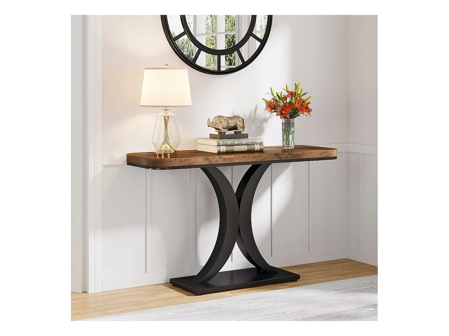 Industriële consoletafel, 100 cm smalle haltafel met geometrische voet, rustieke haltafel voor woonkamer, entree