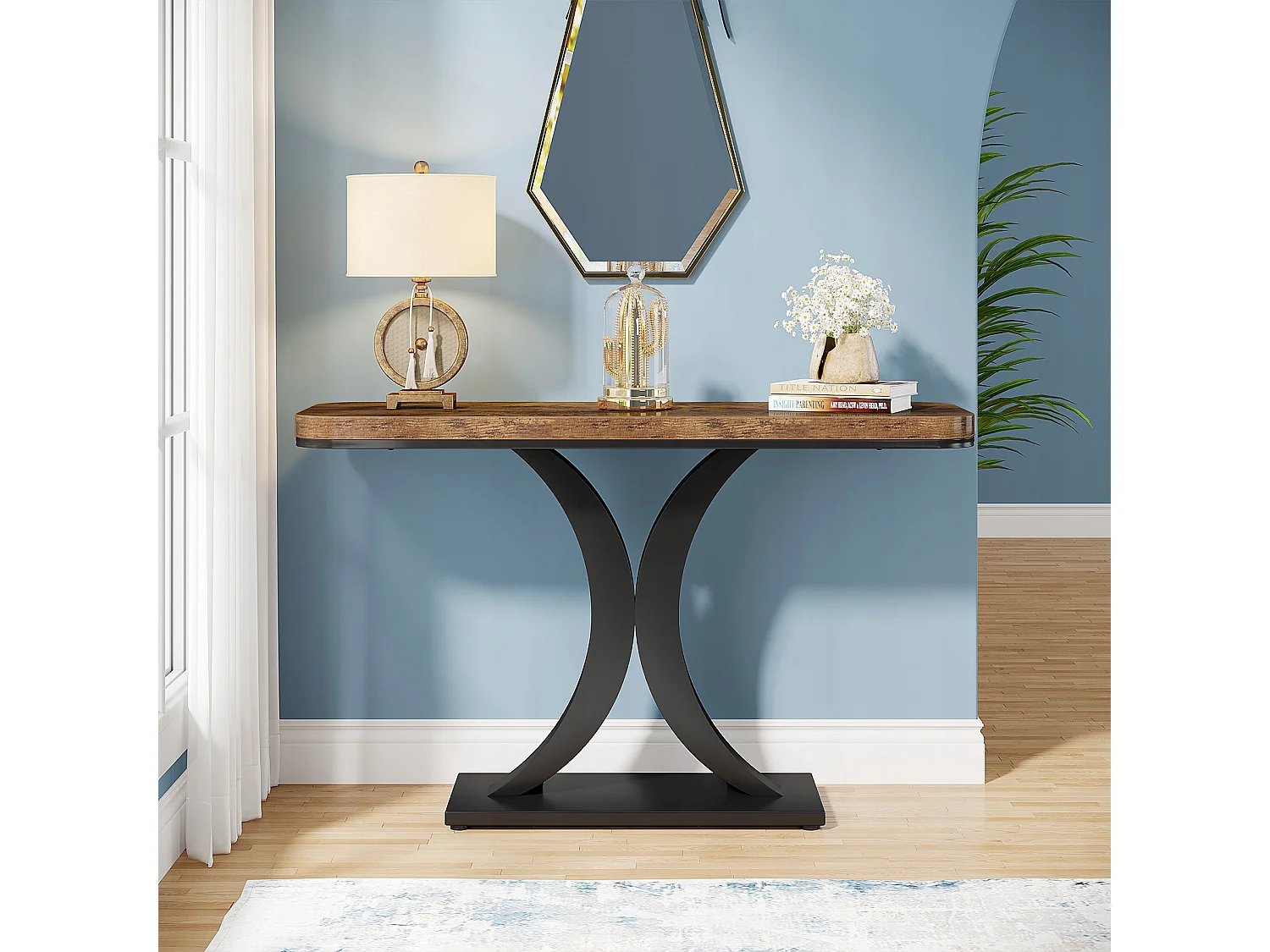 Table Console Industrielle, Table de Hall d'entrée étroite de 100 cm avec Base géométrique, Table d'appoint de Couloir Rustique pour Salon, entrée