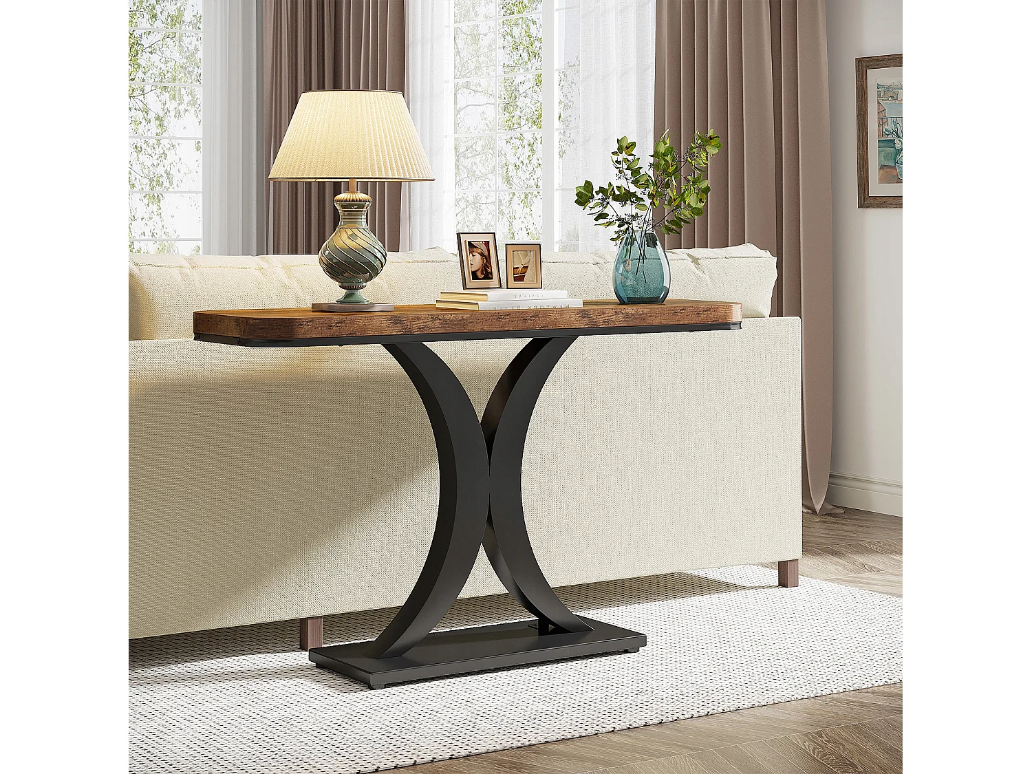 Table Console Industrielle, Table de Hall d'entrée étroite de 100 cm avec Base géométrique, Table d'appoint de Couloir Rustique pour Salon, entrée