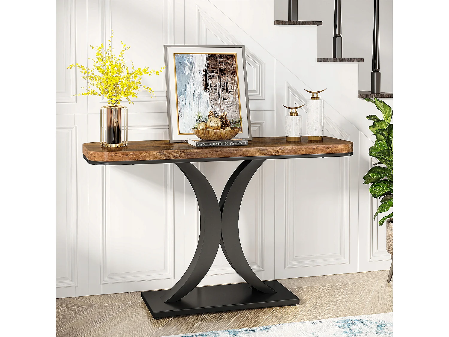 Table Console Industrielle, Table de Hall d'entrée étroite de 100 cm avec Base géométrique, Table d'appoint de Couloir Rustique pour Salon, entrée