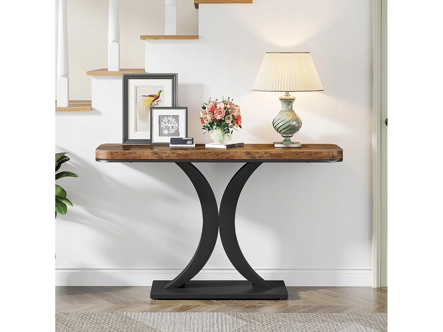 Table Console Industrielle, Table de Hall d'entrée étroite de 100 cm avec Base géométrique, Table d'appoint de Couloir Rustique pour Salon, entrée