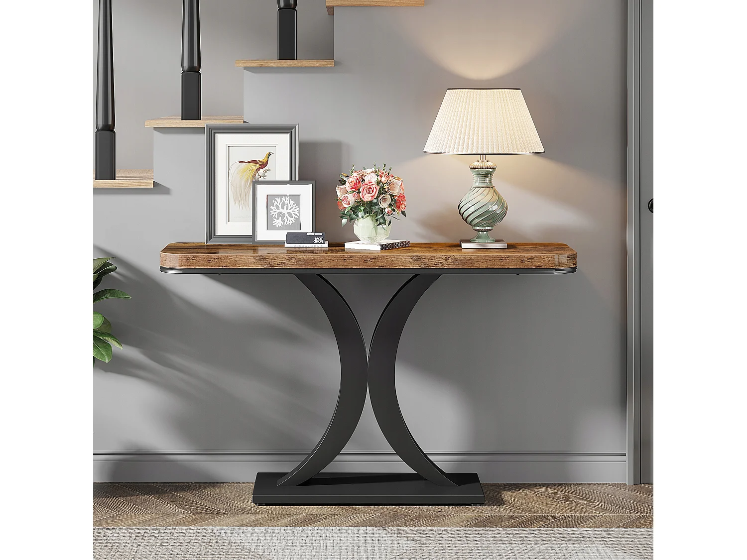 Table Console Industrielle, Table de Hall d'entrée étroite de 100 cm avec Base géométrique, Table d'appoint de Couloir Rustique pour Salon, entrée