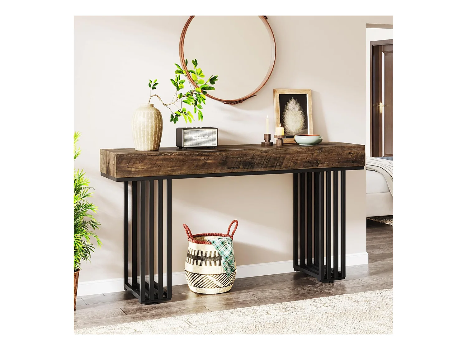 Console Entree, Console Entree Couloir Table d'entrée avec Cadre métallique élégant de Style Industriel, 140 cm, Marron