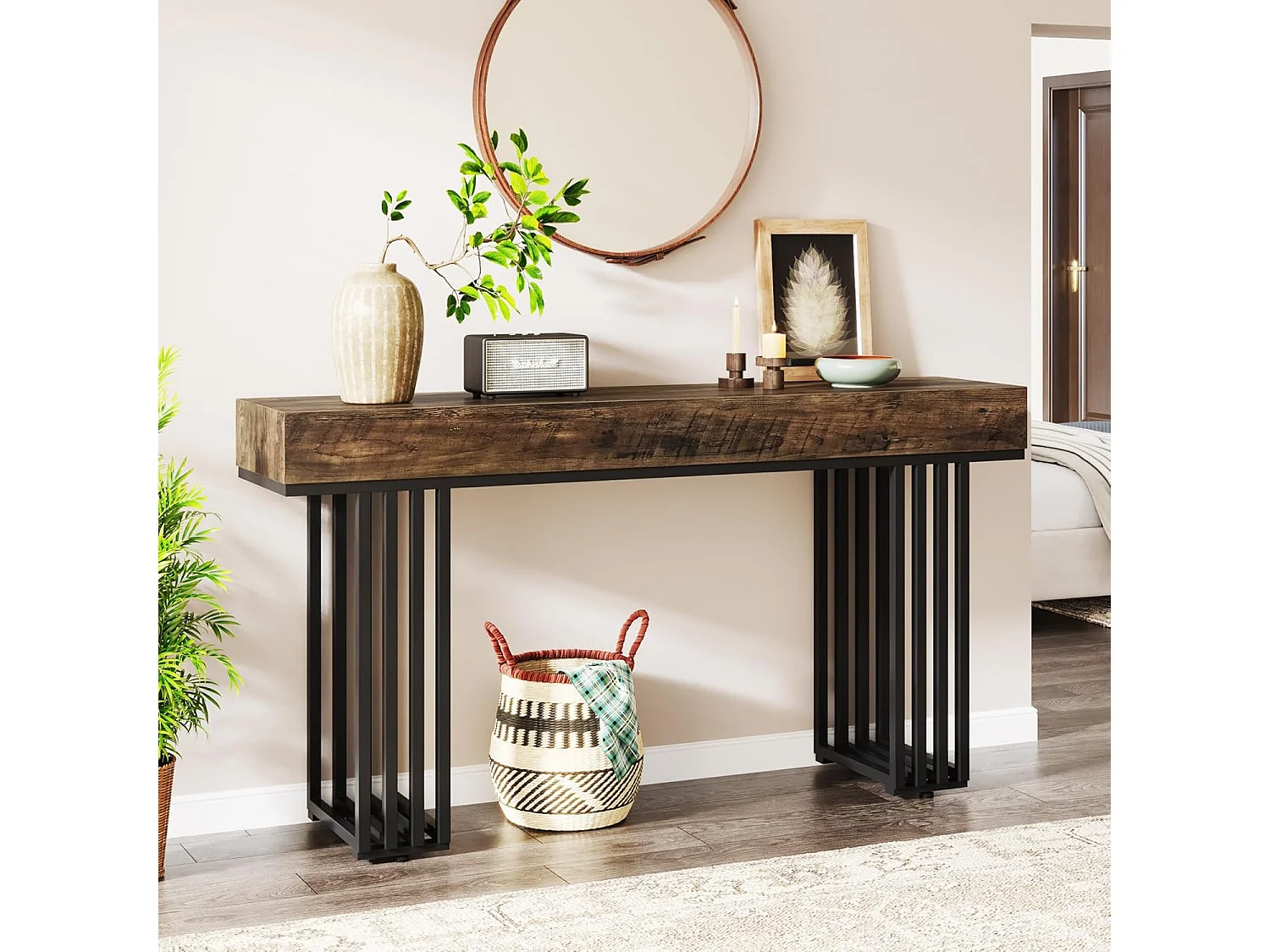 Console Entree, Console Entree Couloir Table d'entrée avec Cadre métallique élégant de Style Industriel, 140 cm, Marron