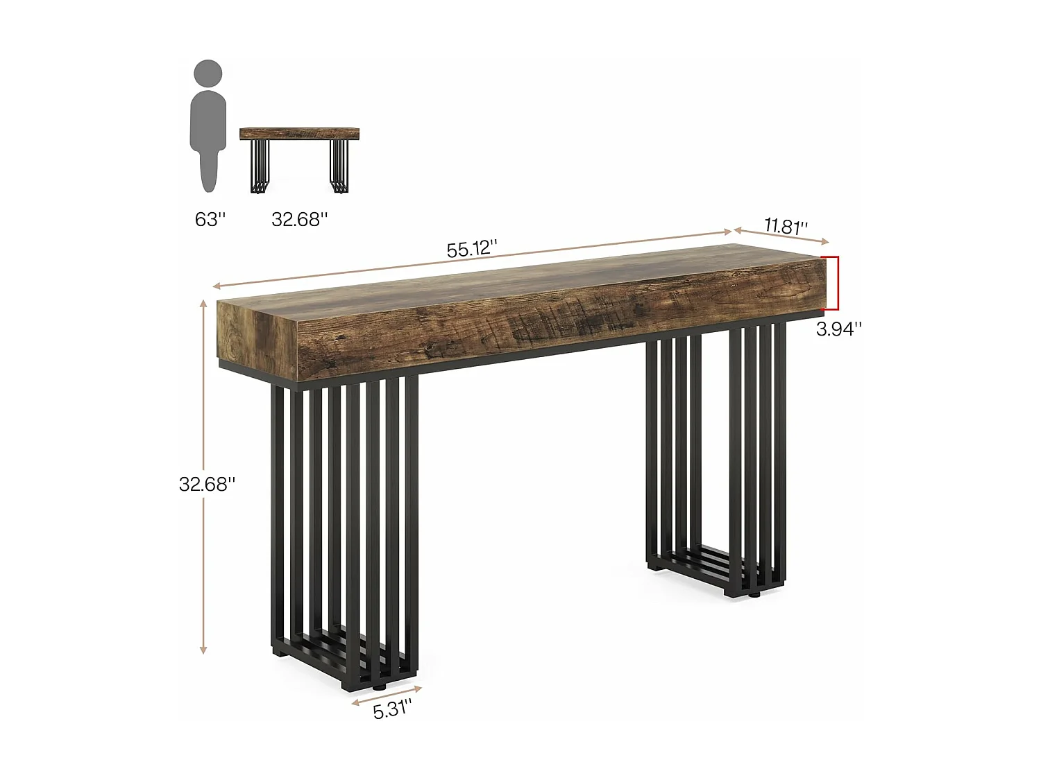 Console Entree, Console Entree Couloir Table d'entrée avec Cadre métallique élégant de Style Industriel, 140 cm, Marron