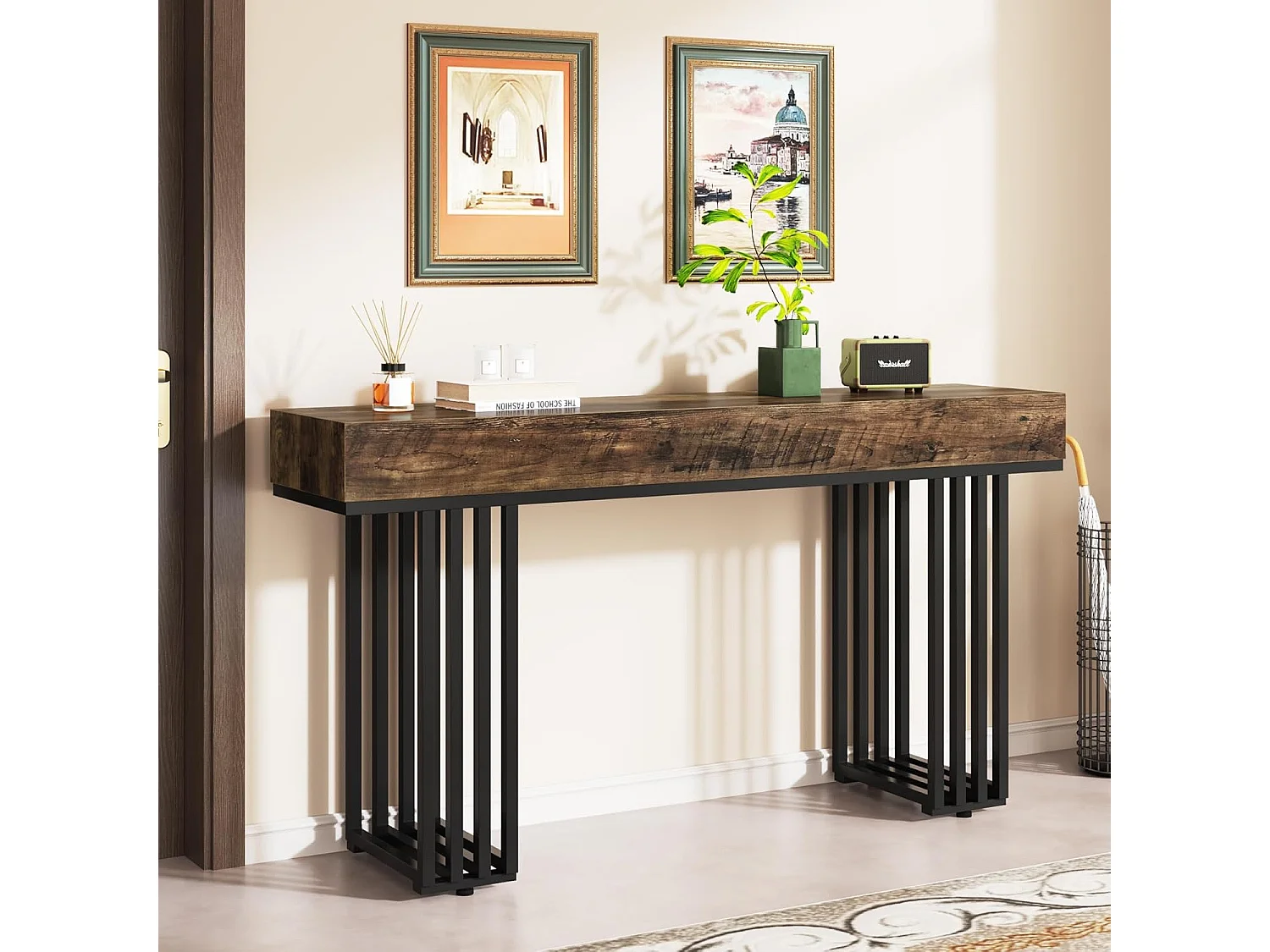 Console Entree, Console Entree Couloir Table d'entrée avec Cadre métallique élégant de Style Industriel, 140 cm, Marron