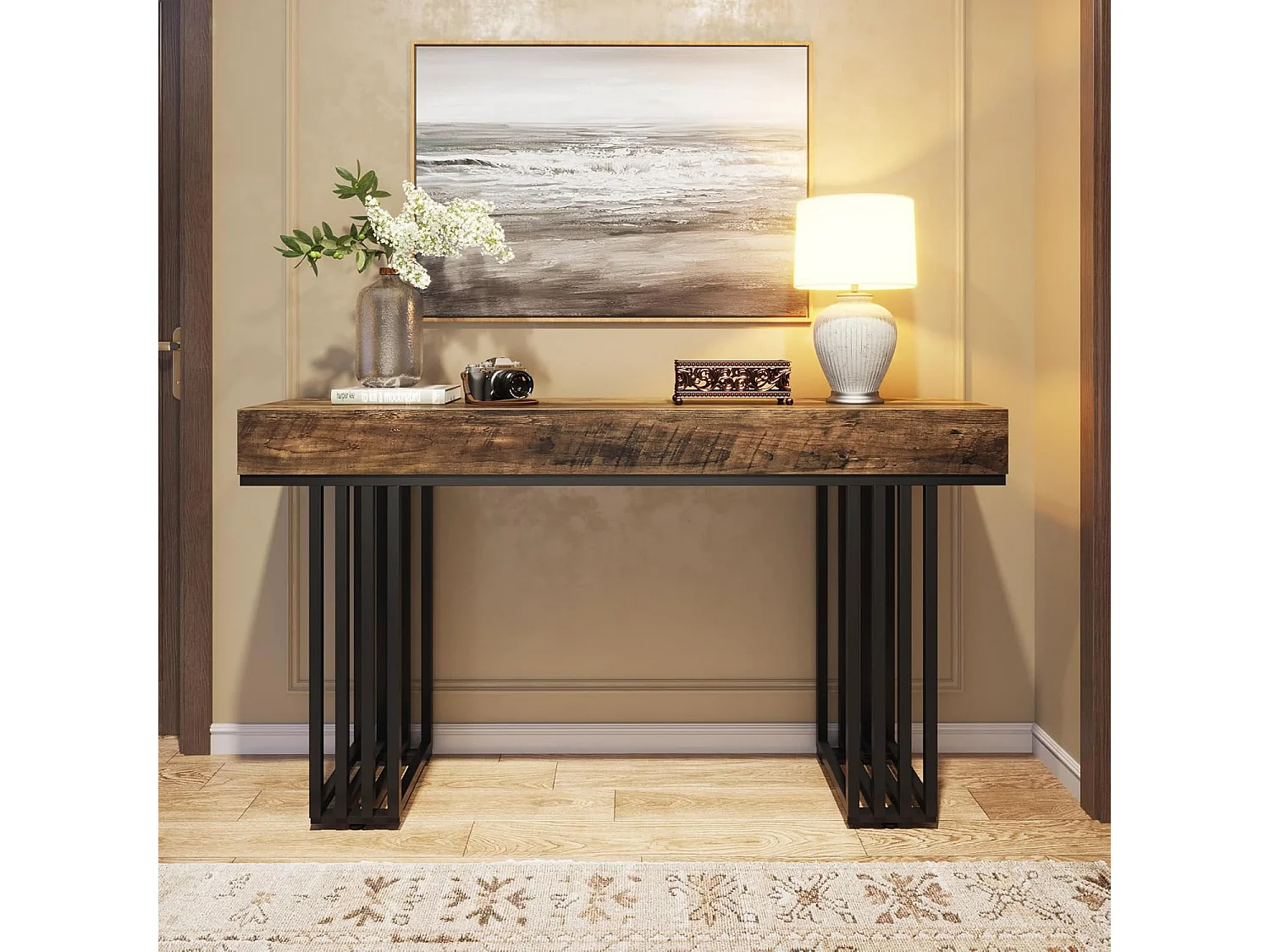 Console Entree, Console Entree Couloir Table d'entrée avec Cadre métallique élégant de Style Industriel, 140 cm, Marron