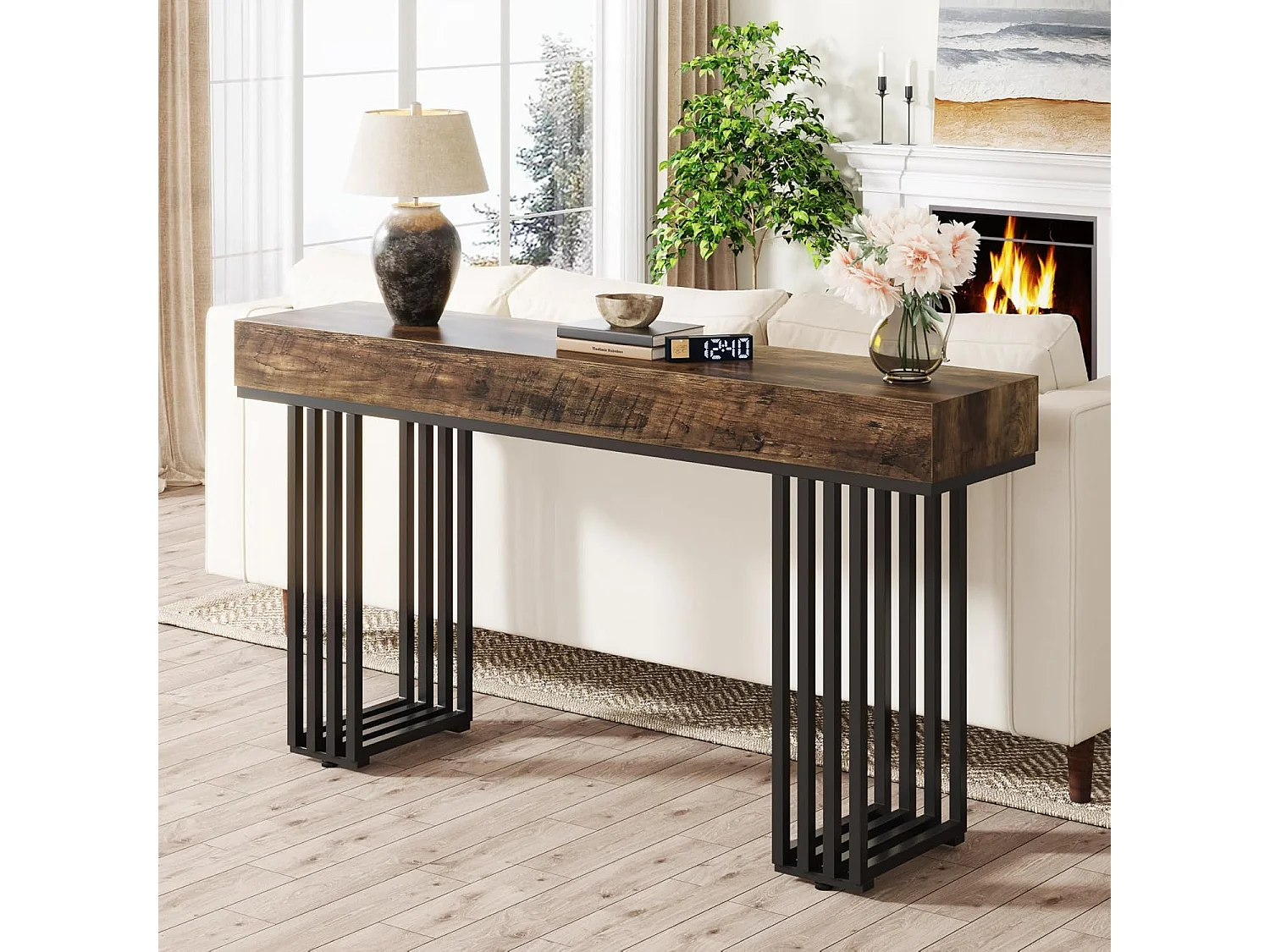 Console Entree, Console Entree Couloir Table d'entrée avec Cadre métallique élégant de Style Industriel, 140 cm, Marron