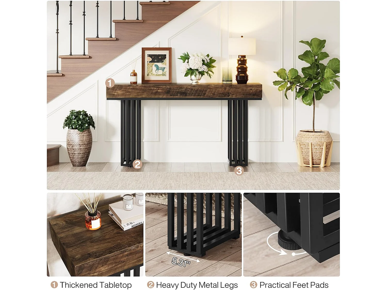 Console Entree, Console Entree Couloir Table d'entrée avec Cadre métallique élégant de Style Industriel, 140 cm, Marron