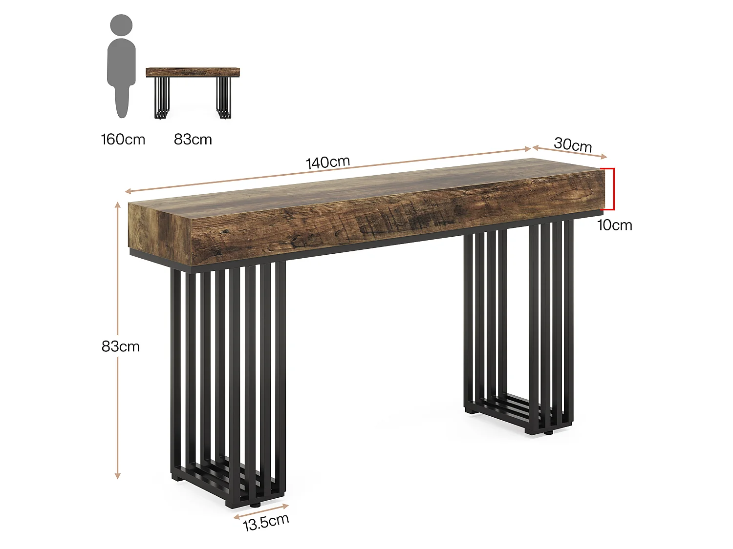 Console Entree, Console Entree Couloir Table d'entrée avec Cadre métallique élégant de Style Industriel, 140 cm, Marron
