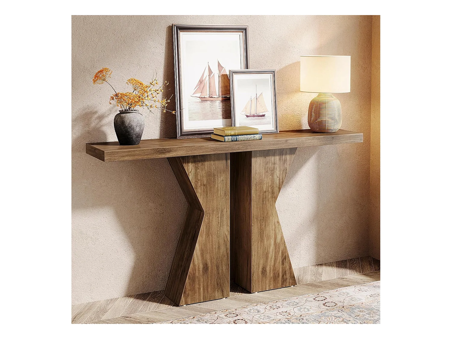 Mesa de entrada estilo quinta, mesa consola atrás do sofá, mesa de corredor estreita, mesa de entrada com estrutura em K para entrada, sala de estar, castanho rústico 140 cm