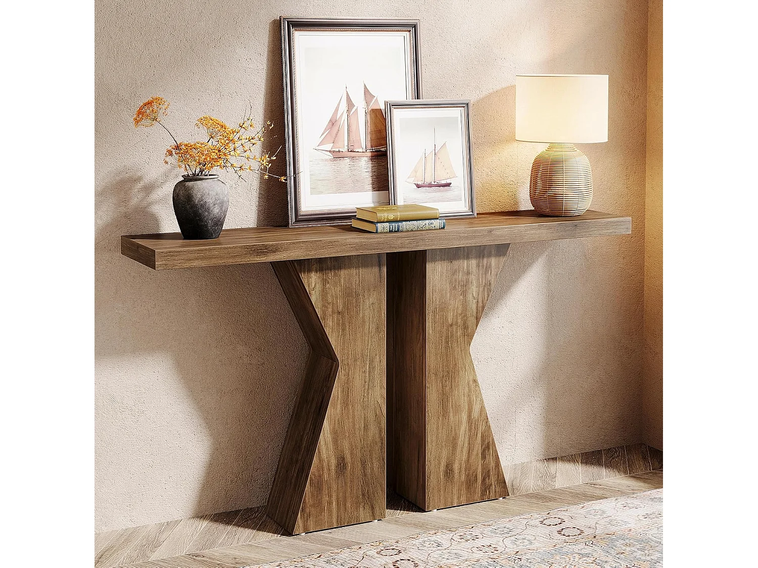 Table d'entrée de ferme, table console derrière le canapé, table de couloir étroite, table d'entrée d'entrée avec cadre en forme de K pour entrée, salon, marron rustique de 140 cm