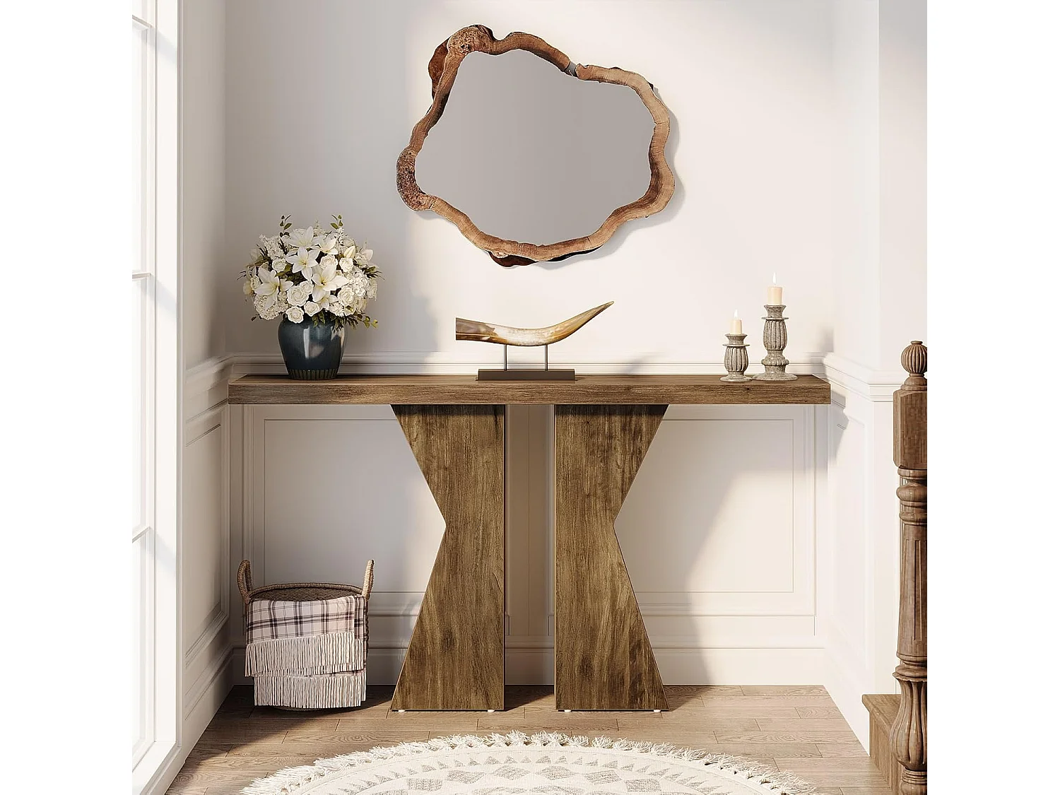 Table d'entrée de ferme, table console derrière le canapé, table de couloir étroite, table d'entrée d'entrée avec cadre en forme de K pour entrée, salon, marron rustique de 140 cm