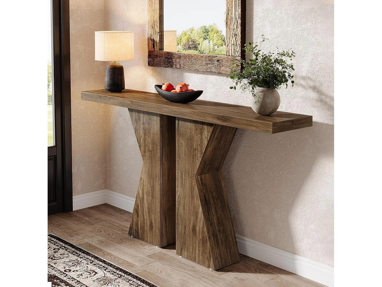 Table d'entrée de ferme, table console derrière le canapé, table de couloir étroite, table d'entrée d'entrée avec cadre en forme de K pour entrée, salon, marron rustique de 140 cm