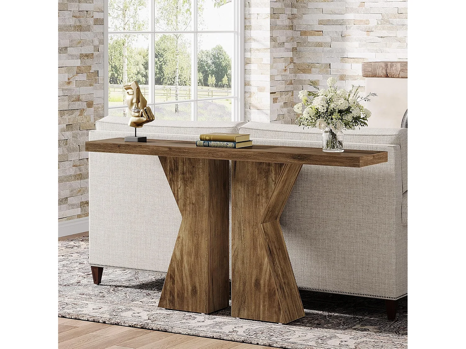 Table d'entrée de ferme, table console derrière le canapé, table de couloir étroite, table d'entrée d'entrée avec cadre en forme de K pour entrée, salon, marron rustique de 140 cm