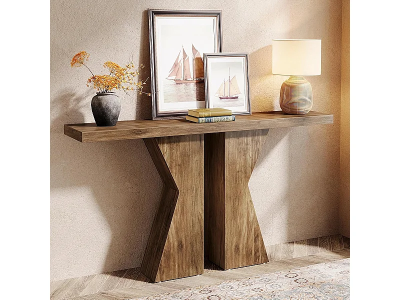 Table d'entrée de ferme, table console derrière le canapé, table de couloir étroite, table d'entrée d'entrée avec cadre en forme de K pour entrée, salon, marron rustique de 140 cm