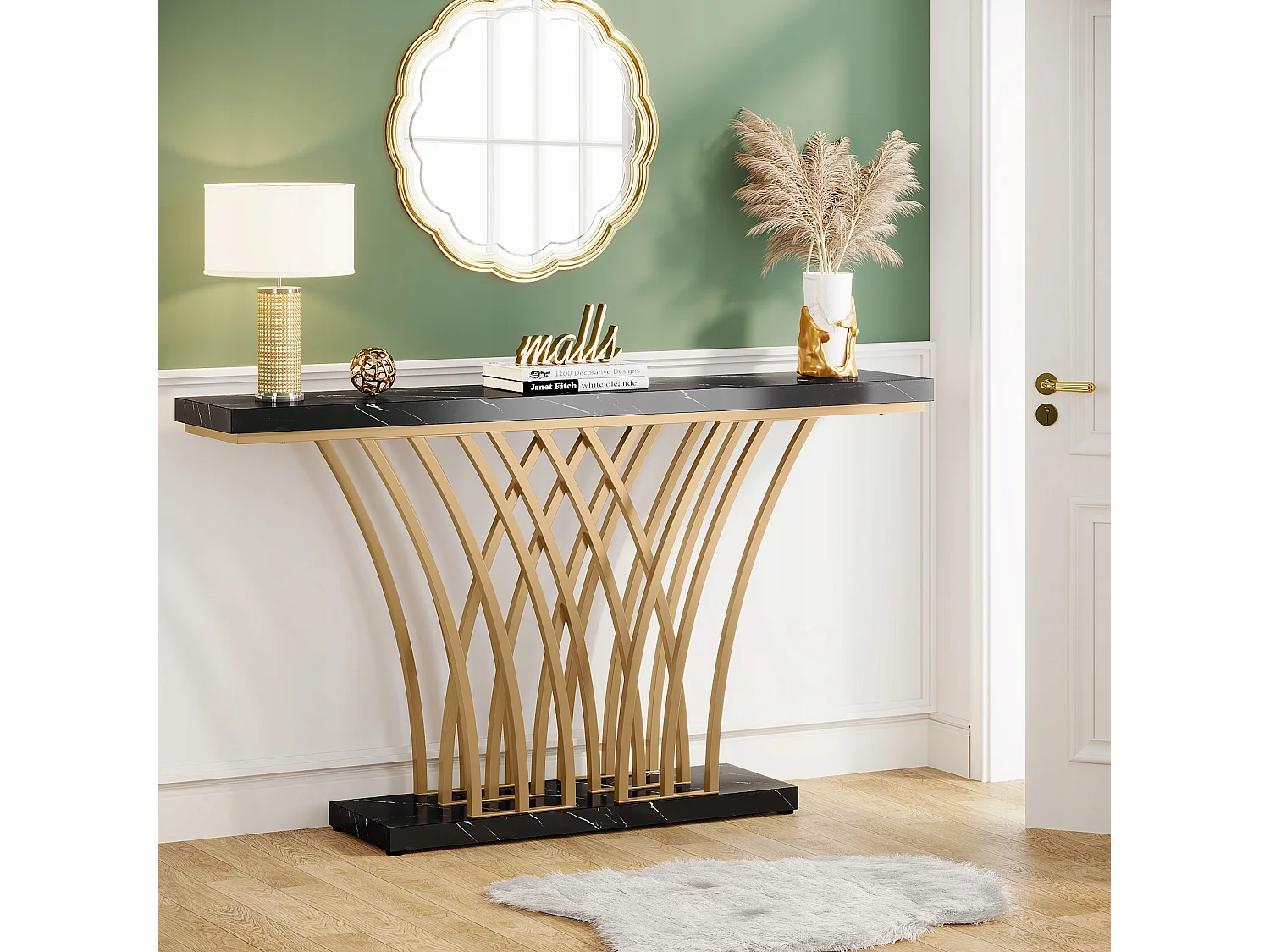 Tribesigns Gold Consoletafel - 150 x 29,5 x 80 cm - Modern - met metalen poot in rastervorm - voor entree, gang, entree, woonkamer (zwart)