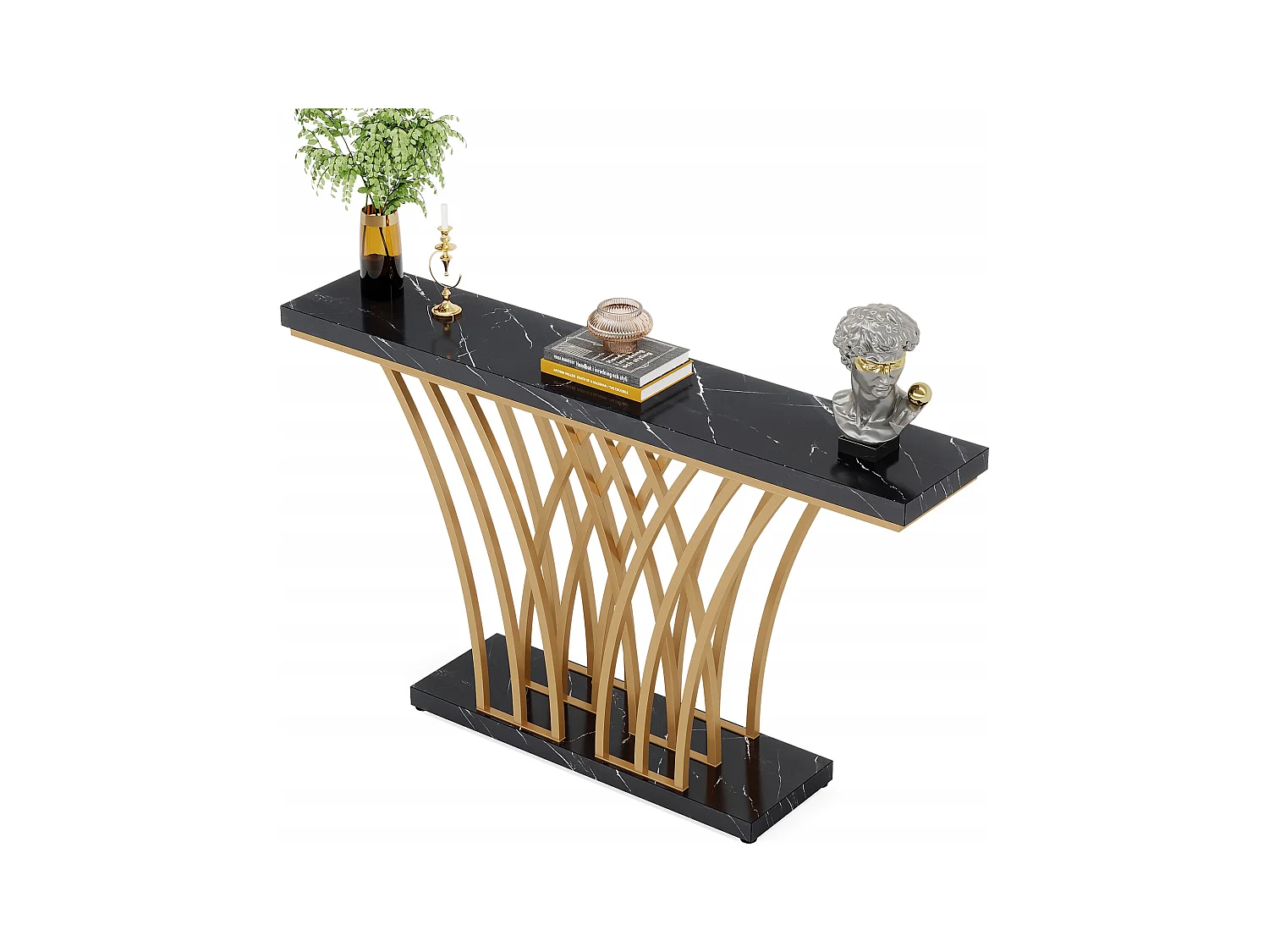 Table Console dorée - 150 x 29,5 x 80 cm - Moderne - avec Pied en métal en Forme de Grille - pour entrée, Couloir, entrée, Salon (Noir)