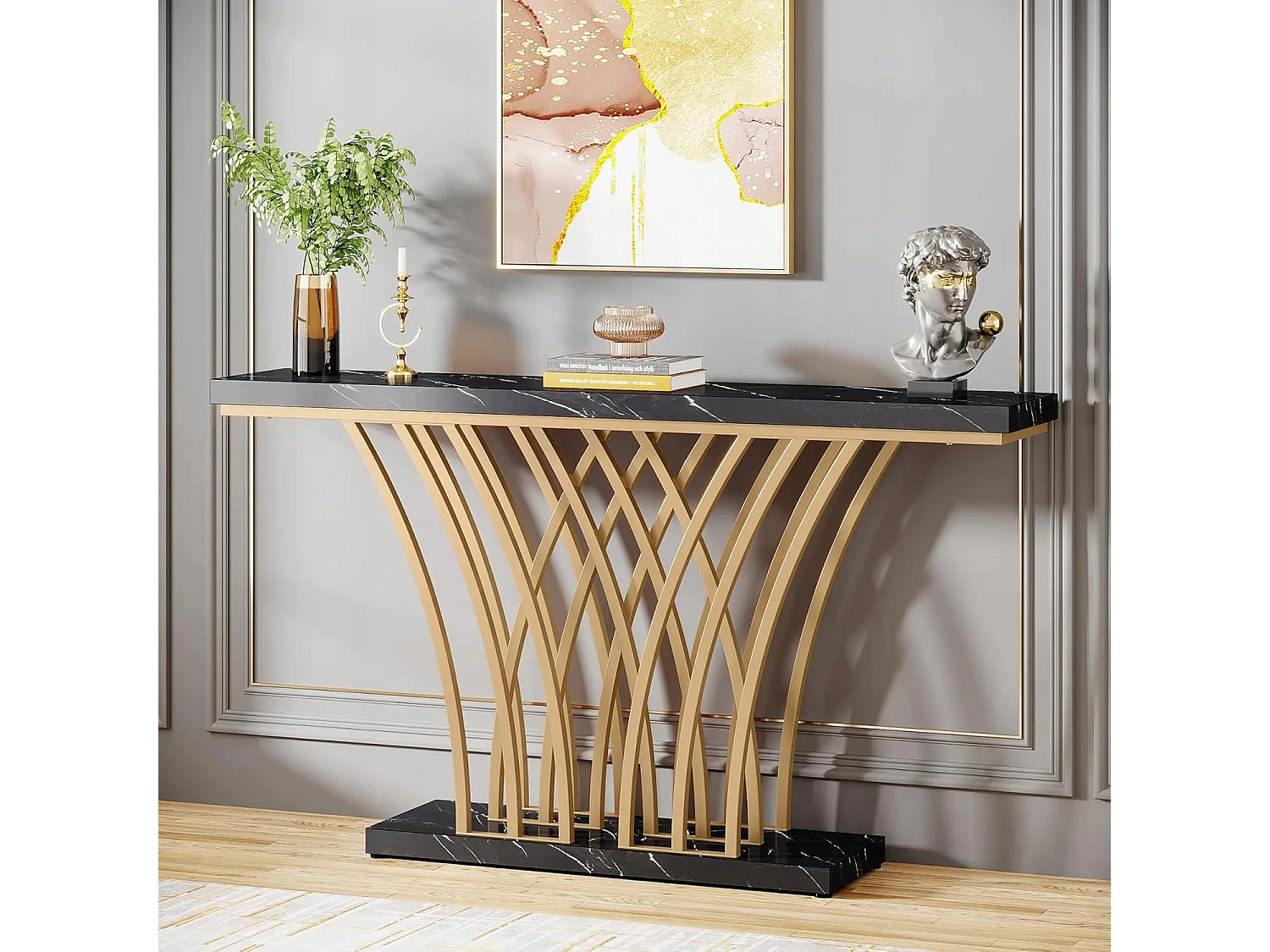 Table Console dorée - 150 x 29,5 x 80 cm - Moderne - avec Pied en métal en Forme de Grille - pour entrée, Couloir, entrée, Salon (Noir)