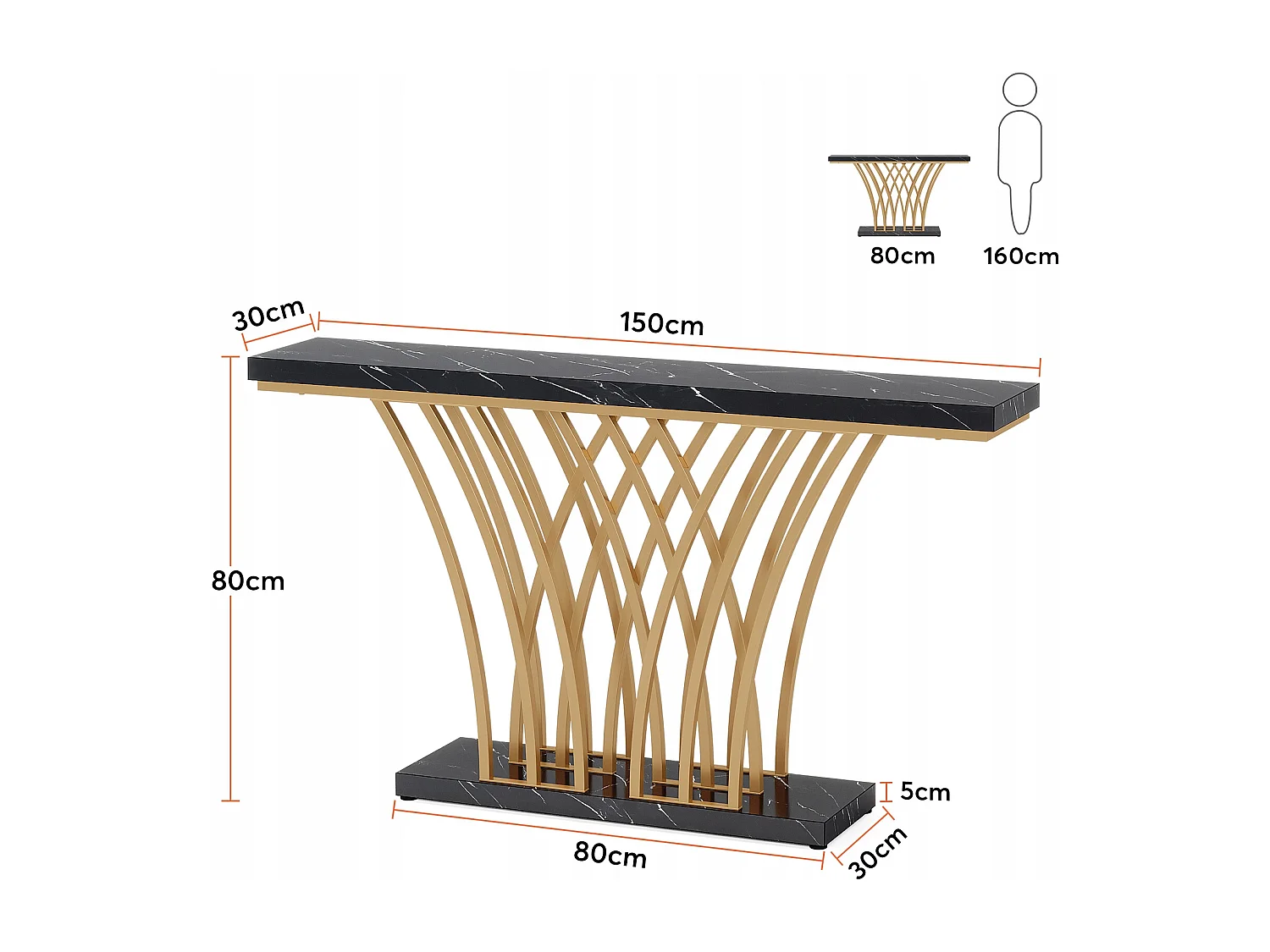 Table Console dorée - 150 x 29,5 x 80 cm - Moderne - avec Pied en métal en Forme de Grille - pour entrée, Couloir, entrée, Salon (Noir)