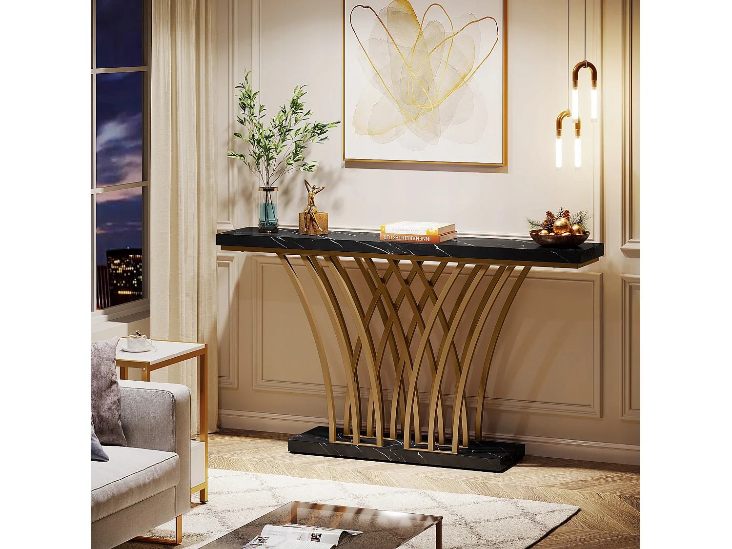 Table Console dorée - 150 x 29,5 x 80 cm - Moderne - avec Pied en métal en Forme de Grille - pour entrée, Couloir, entrée, Salon (Noir)
