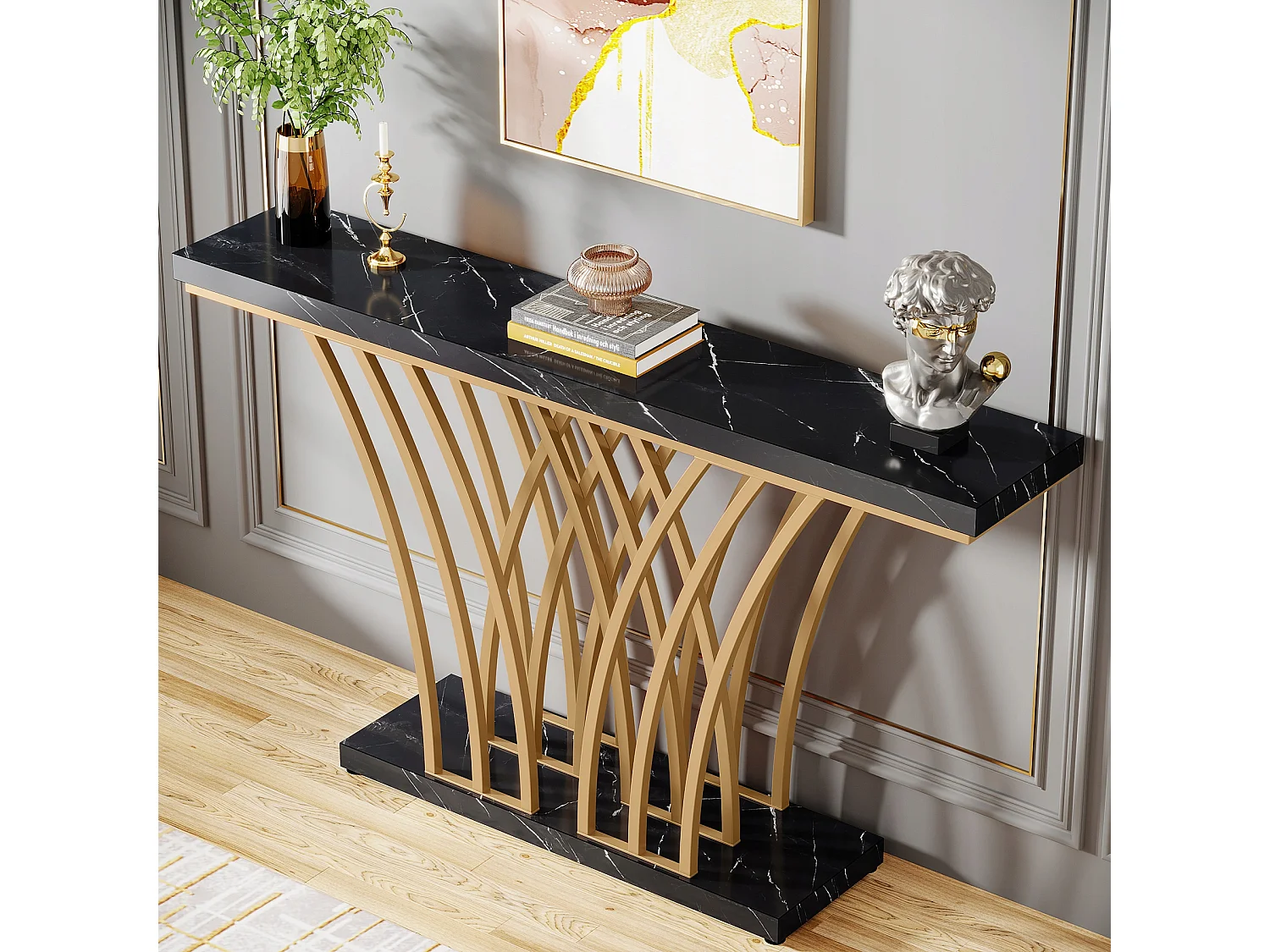 Table Console dorée - 150 x 29,5 x 80 cm - Moderne - avec Pied en métal en Forme de Grille - pour entrée, Couloir, entrée, Salon (Noir)