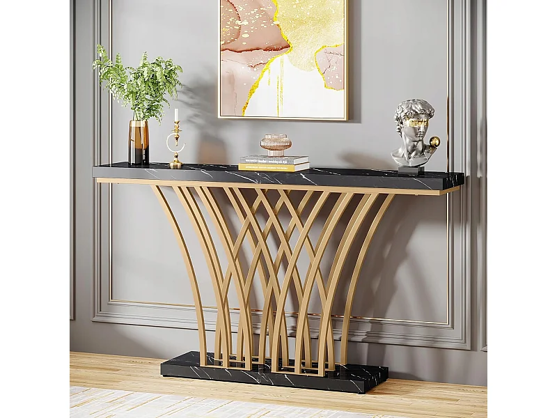 Table Console dorée - 150 x 29,5 x 80 cm - Moderne - avec Pied en métal en Forme de Grille - pour entrée, Couloir, entrée, Salon (Noir)