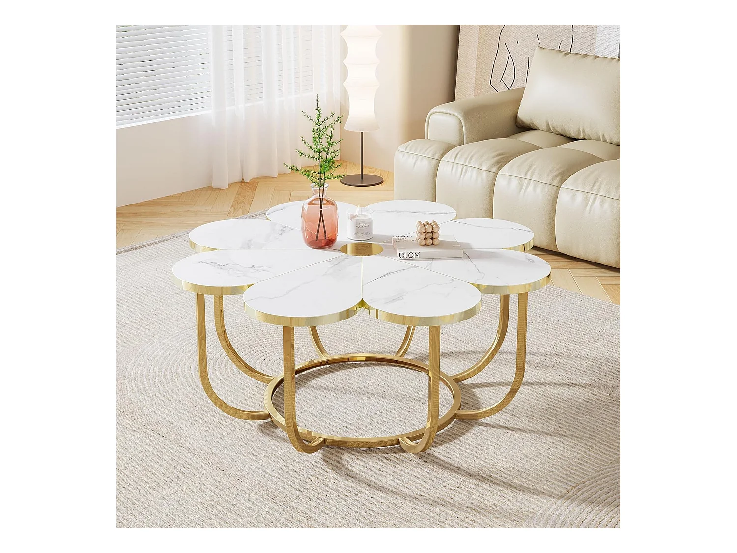 Weißer und goldener Couchtisch, 100 cm moderner Couchtisch in Blumenform mit Kunstmarmorplatte, floraler Akzenttisch in der Mitte mit Metallrahmen für Wohnzimmer, Schlafzimmer