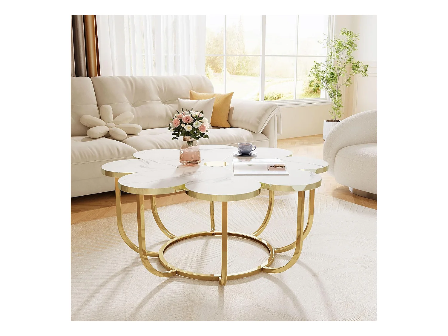 Weißer und goldener Couchtisch, 100 cm moderner Couchtisch in Blumenform mit Kunstmarmorplatte, floraler Akzenttisch in der Mitte mit Metallrahmen für Wohnzimmer, Schlafzimmer
