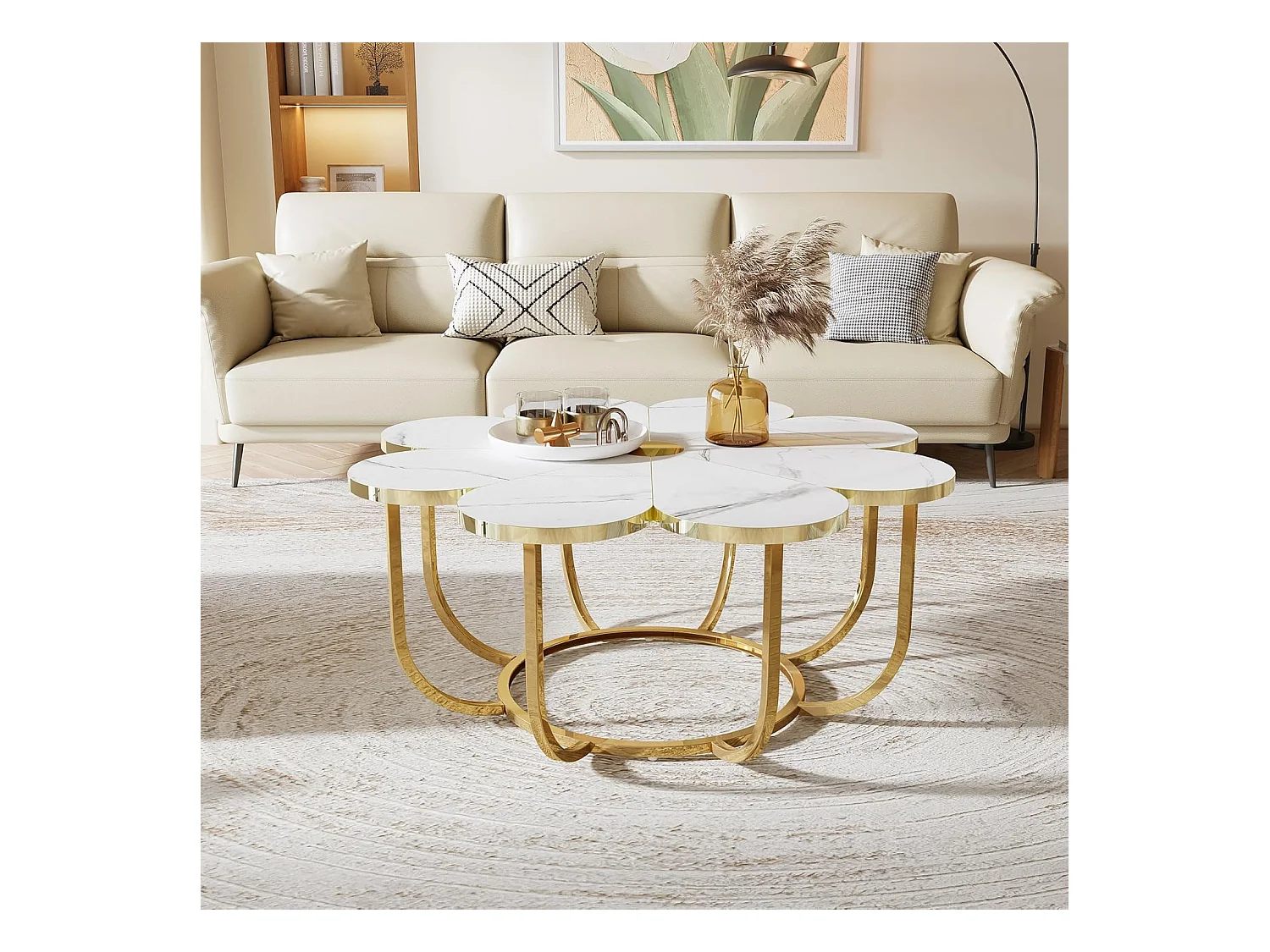 Weißer und goldener Couchtisch, 100 cm moderner Couchtisch in Blumenform mit Kunstmarmorplatte, floraler Akzenttisch in der Mitte mit Metallrahmen für Wohnzimmer, Schlafzimmer