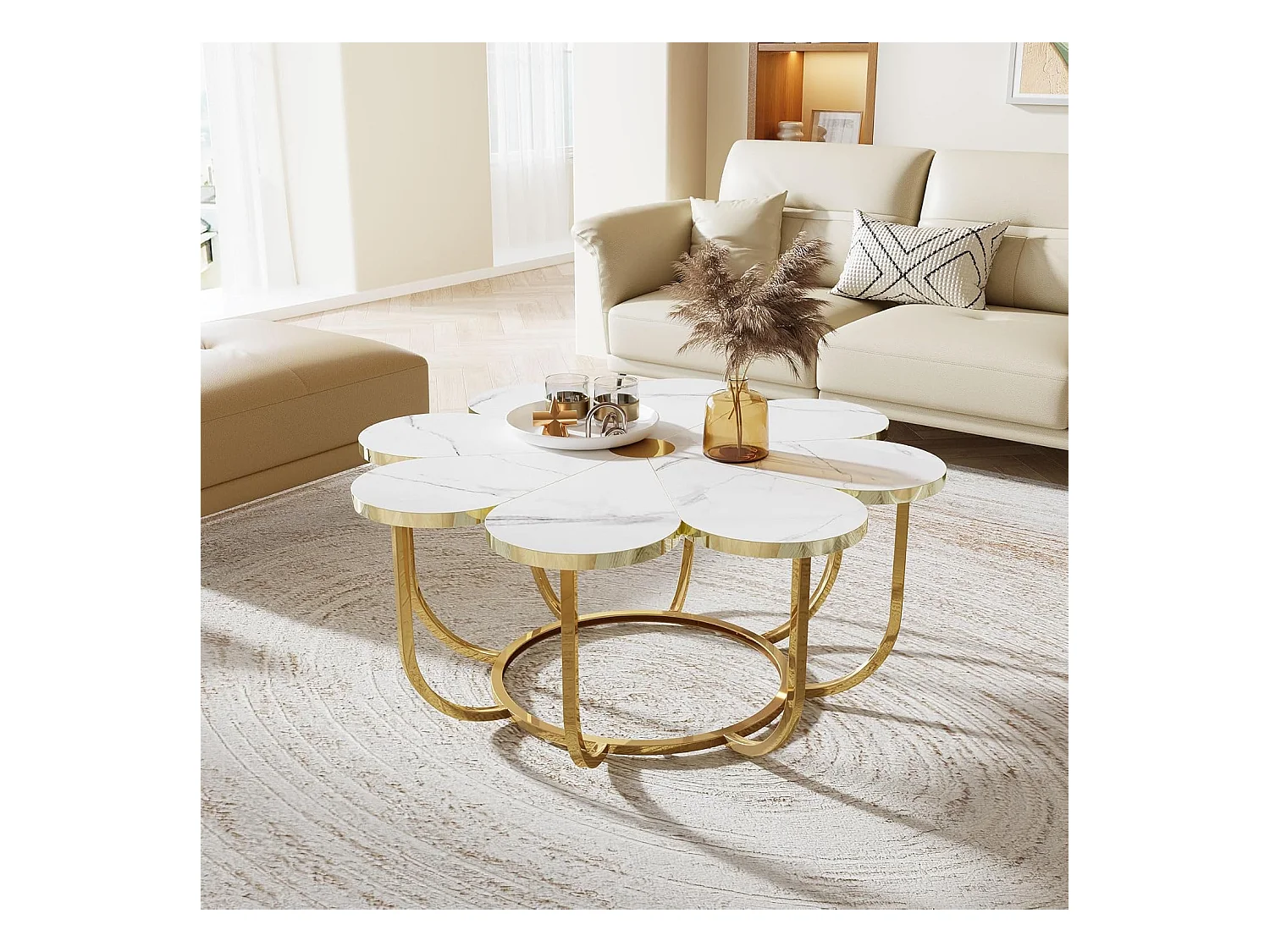 Weißer und goldener Couchtisch, 100 cm moderner Couchtisch in Blumenform mit Kunstmarmorplatte, floraler Akzenttisch in der Mitte mit Metallrahmen für Wohnzimmer, Schlafzimmer