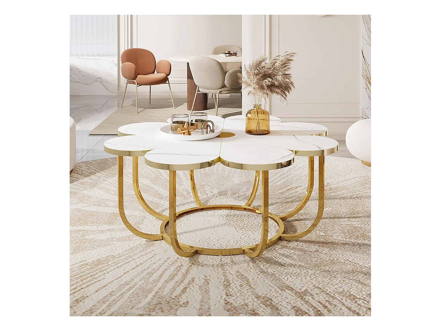 Weißer und goldener Couchtisch, 100 cm moderner Couchtisch in Blumenform mit Kunstmarmorplatte, floraler Akzenttisch in der Mitte mit Metallrahmen für Wohnzimmer, Schlafzimmer