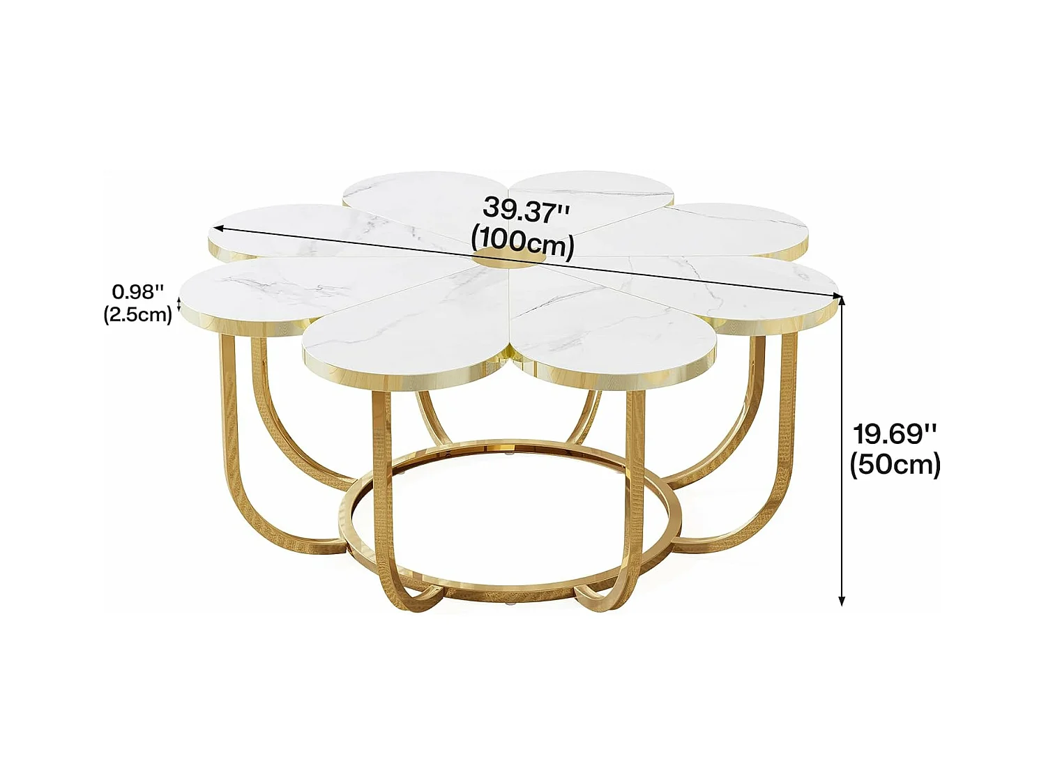 Weißer und goldener Couchtisch, 100 cm moderner Couchtisch in Blumenform mit Kunstmarmorplatte, floraler Akzenttisch in der Mitte mit Metallrahmen für Wohnzimmer, Schlafzimmer