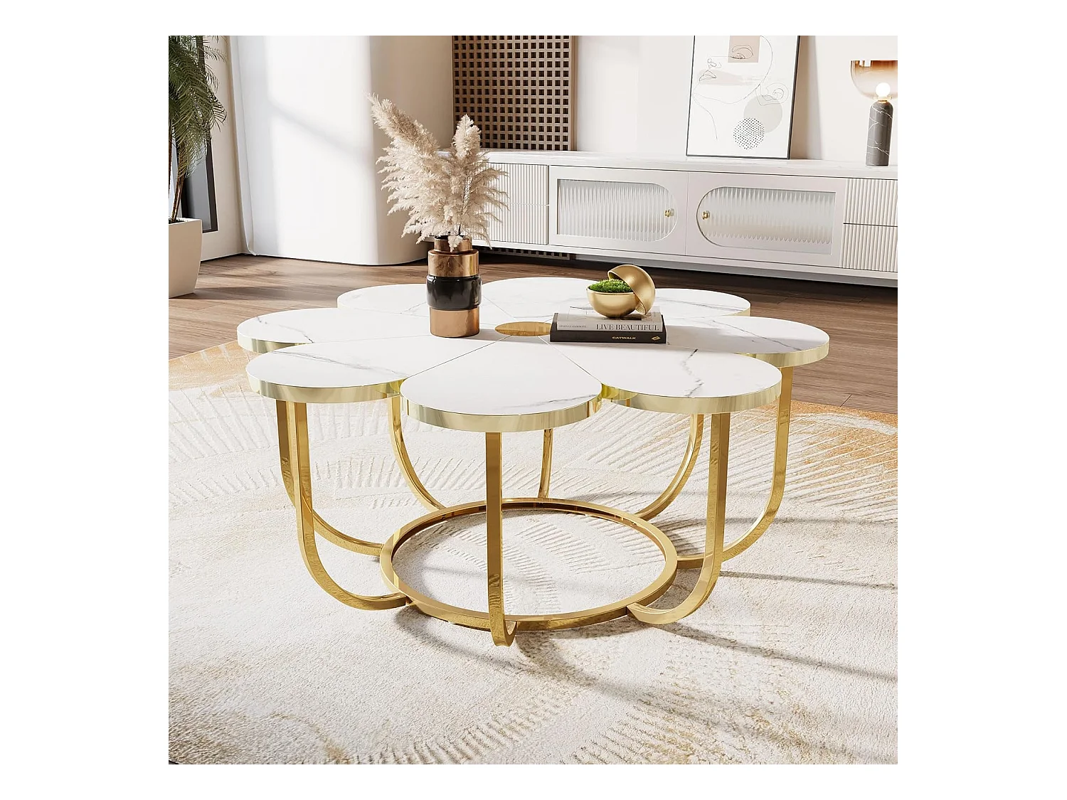Weißer und goldener Couchtisch, 100 cm moderner Couchtisch in Blumenform mit Kunstmarmorplatte, floraler Akzenttisch in der Mitte mit Metallrahmen für Wohnzimmer, Schlafzimmer