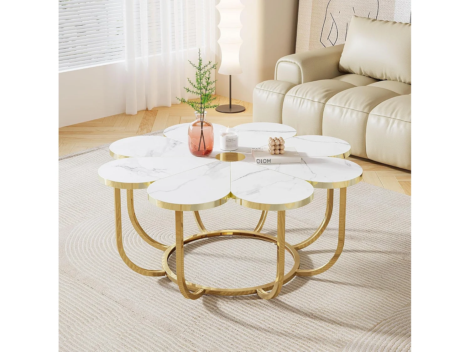 Weißer und goldener Couchtisch, 100 cm moderner Couchtisch in Blumenform mit Kunstmarmorplatte, floraler Akzenttisch in der Mitte mit Metallrahmen für Wohnzimmer, Schlafzimmer