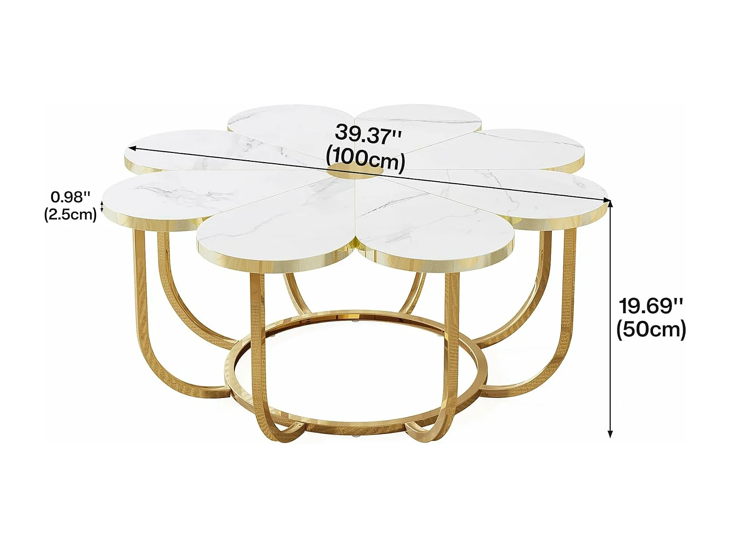 Weißer und goldener Couchtisch, 100 cm moderner Couchtisch in Blumenform mit Kunstmarmorplatte, floraler Akzenttisch in der Mitte mit Metallrahmen für Wohnzimmer, Schlafzimmer