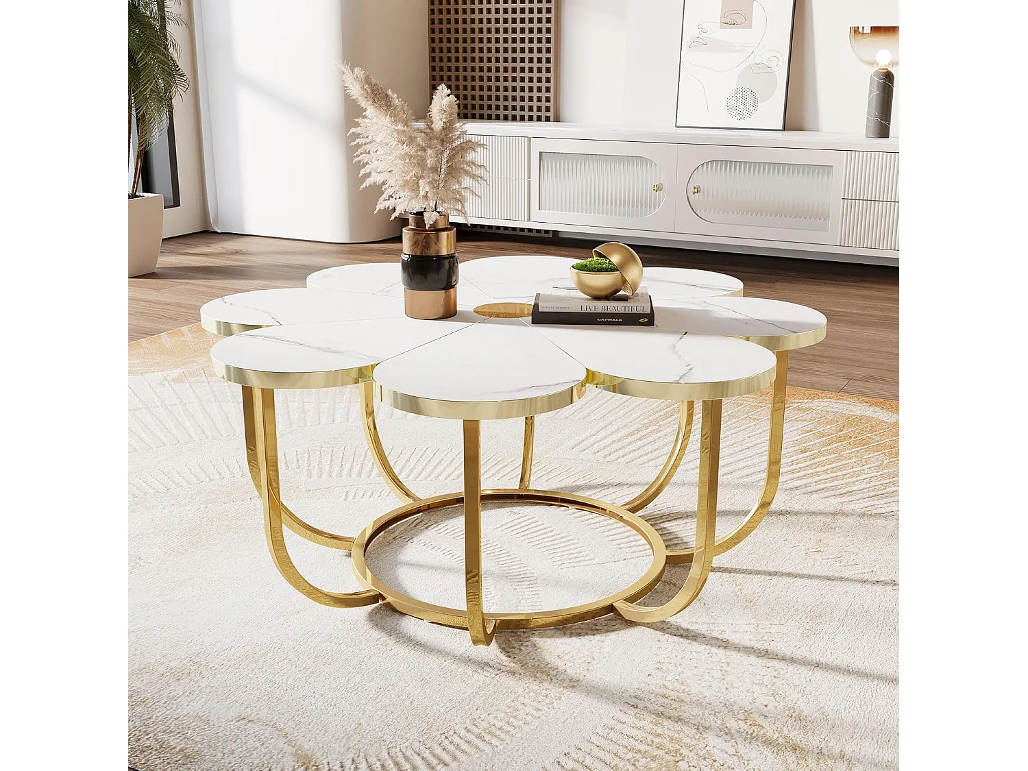 Weißer und goldener Couchtisch, 100 cm moderner Couchtisch in Blumenform mit Kunstmarmorplatte, floraler Akzenttisch in der Mitte mit Metallrahmen für Wohnzimmer, Schlafzimmer