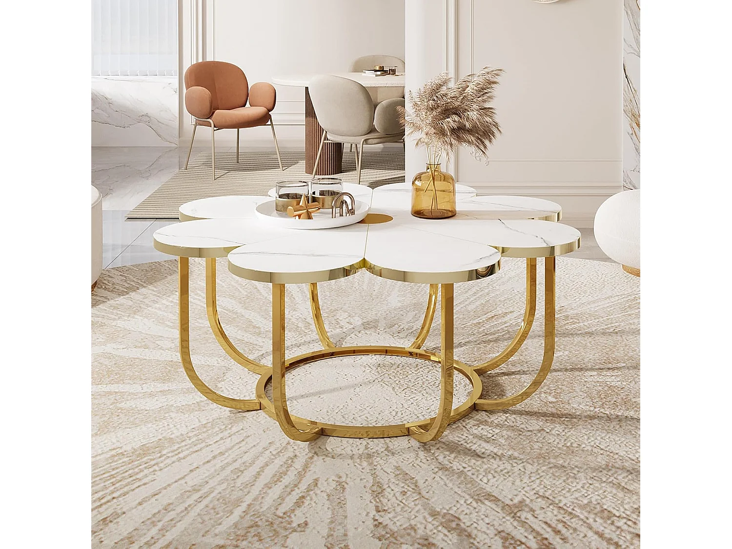 Weißer und goldener Couchtisch, 100 cm moderner Couchtisch in Blumenform mit Kunstmarmorplatte, floraler Akzenttisch in der Mitte mit Metallrahmen für Wohnzimmer, Schlafzimmer
