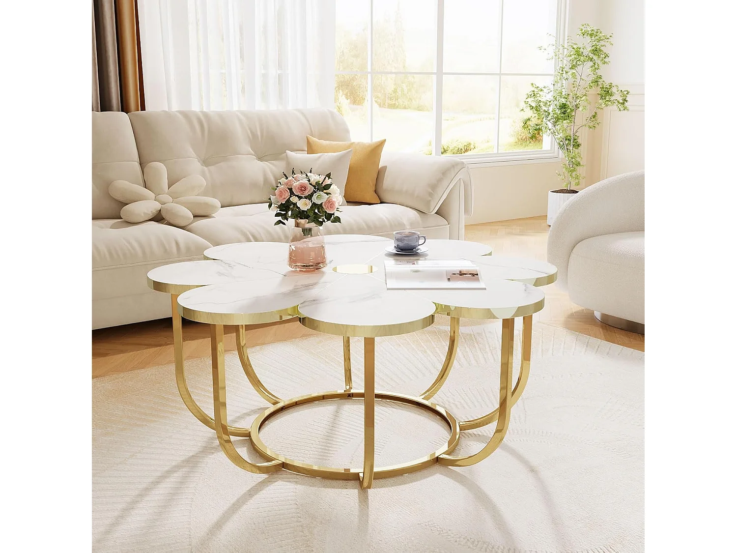 Weißer und goldener Couchtisch, 100 cm moderner Couchtisch in Blumenform mit Kunstmarmorplatte, floraler Akzenttisch in der Mitte mit Metallrahmen für Wohnzimmer, Schlafzimmer