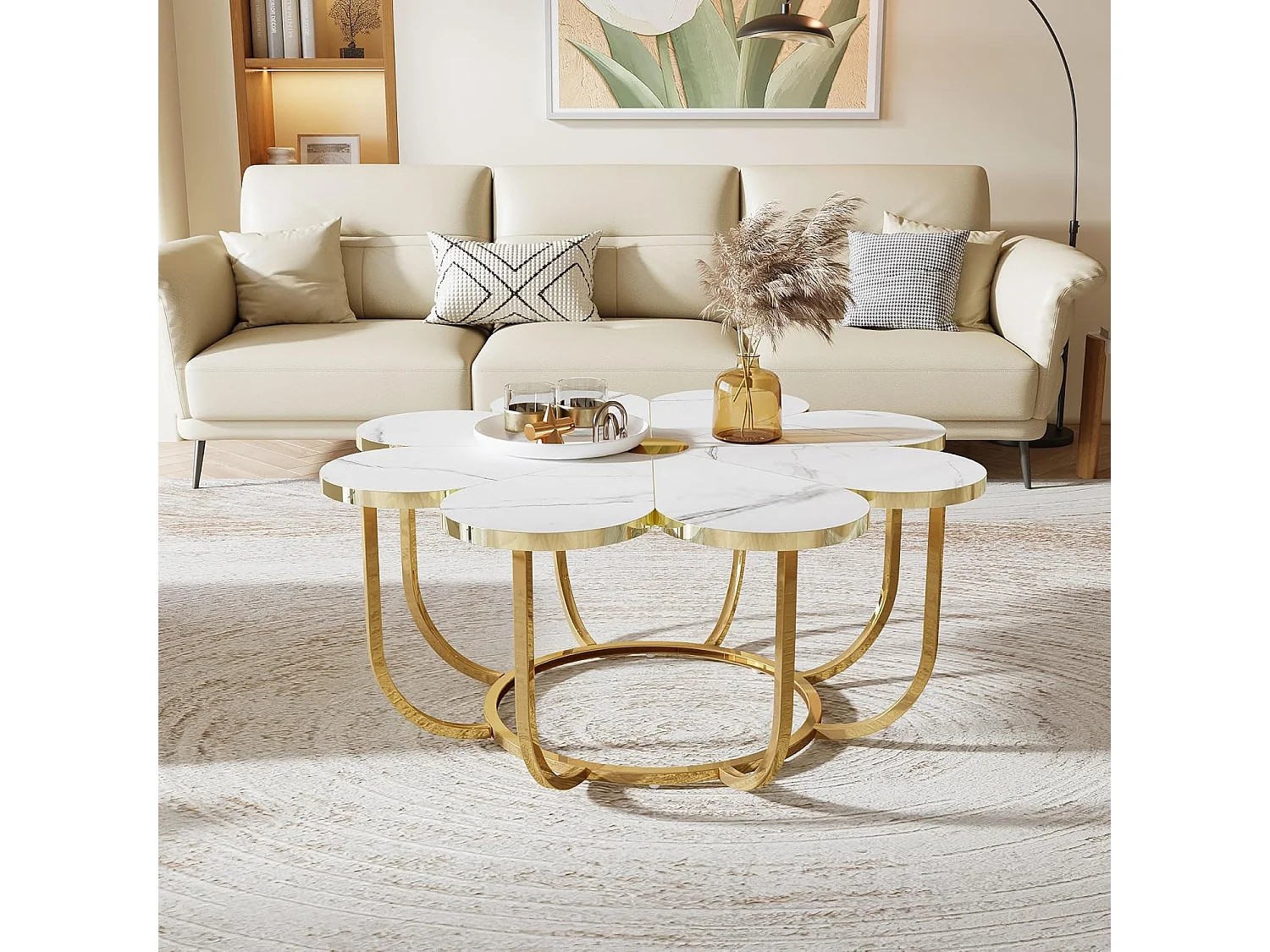 Weißer und goldener Couchtisch, 100 cm moderner Couchtisch in Blumenform mit Kunstmarmorplatte, floraler Akzenttisch in der Mitte mit Metallrahmen für Wohnzimmer, Schlafzimmer