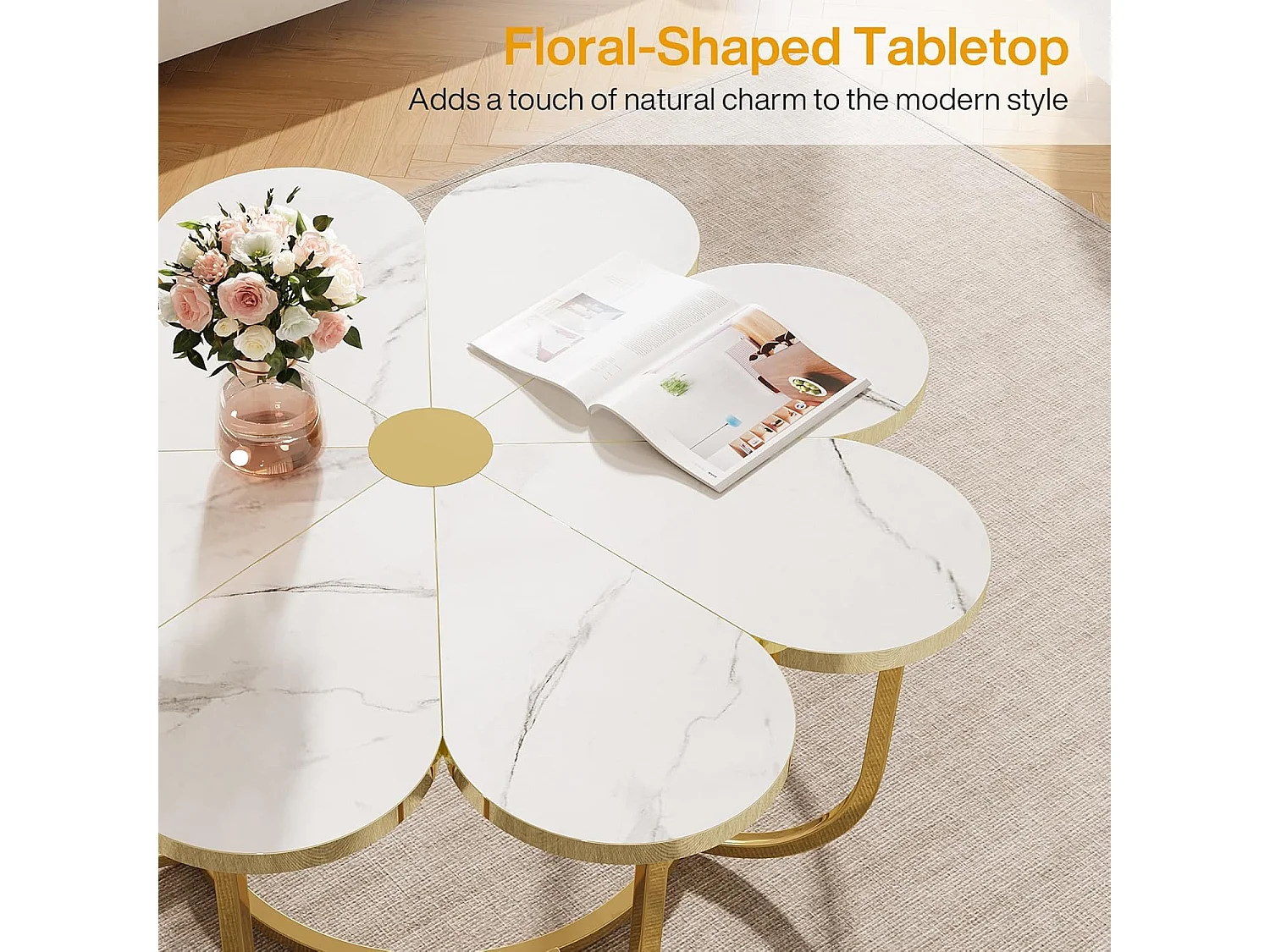 Weißer und goldener Couchtisch, 100 cm moderner Couchtisch in Blumenform mit Kunstmarmorplatte, floraler Akzenttisch in der Mitte mit Metallrahmen für Wohnzimmer, Schlafzimmer