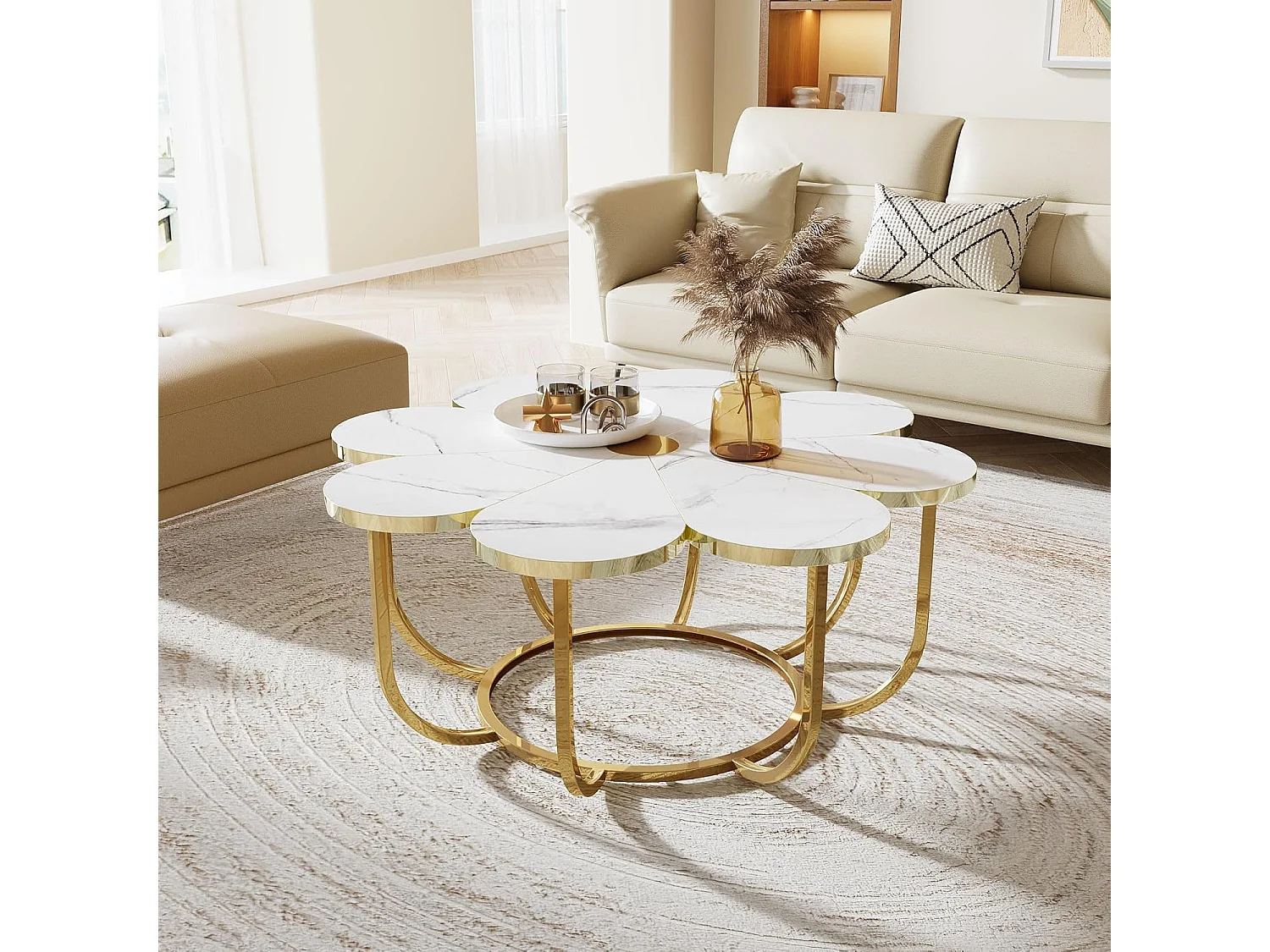 Weißer und goldener Couchtisch, 100 cm moderner Couchtisch in Blumenform mit Kunstmarmorplatte, floraler Akzenttisch in der Mitte mit Metallrahmen für Wohnzimmer, Schlafzimmer