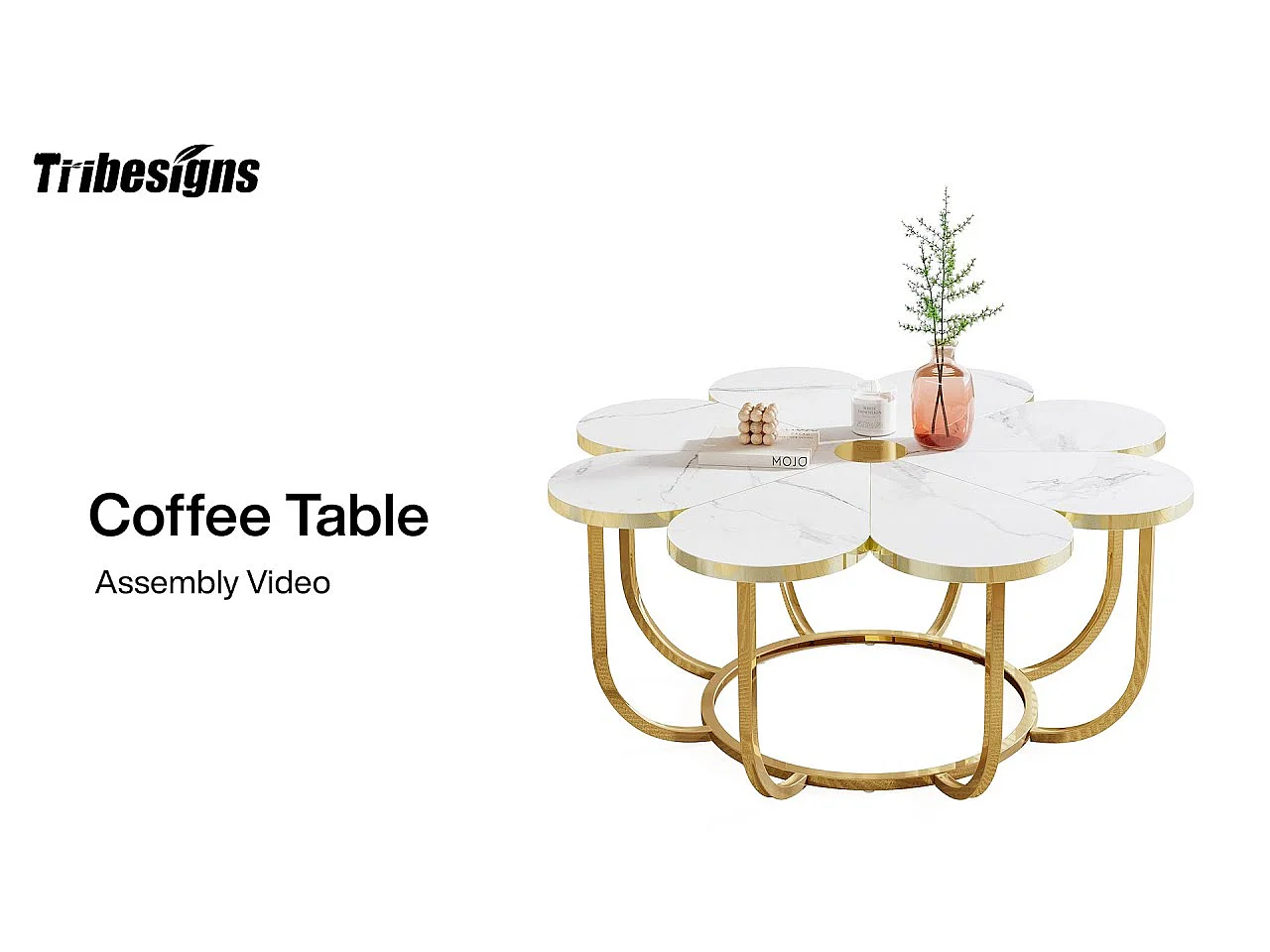 Table Basse Blanc et Or, 100 cm Table Basse Moderne en Forme de Fleur avec Plateau en Faux Marbre, Table Centrale d'appoint Florale