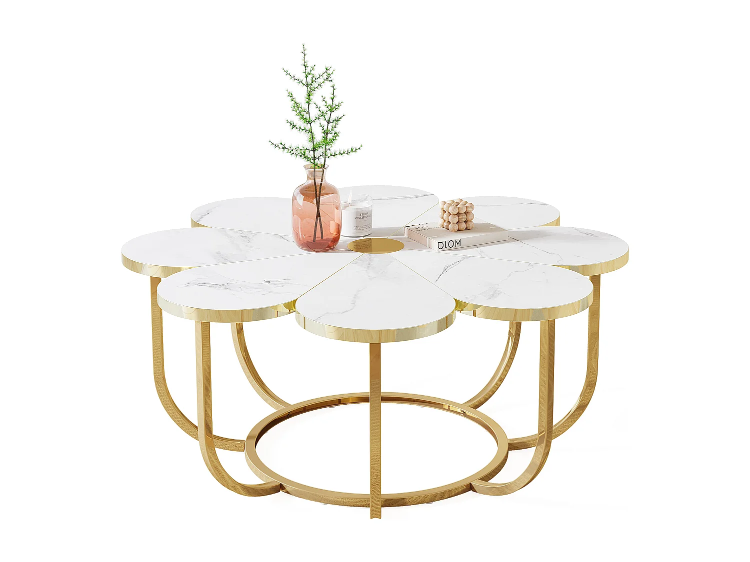 Table Basse Blanc et Or, 100 cm Table Basse Moderne en Forme de Fleur avec Plateau en Faux Marbre, Table Centrale d'appoint Florale