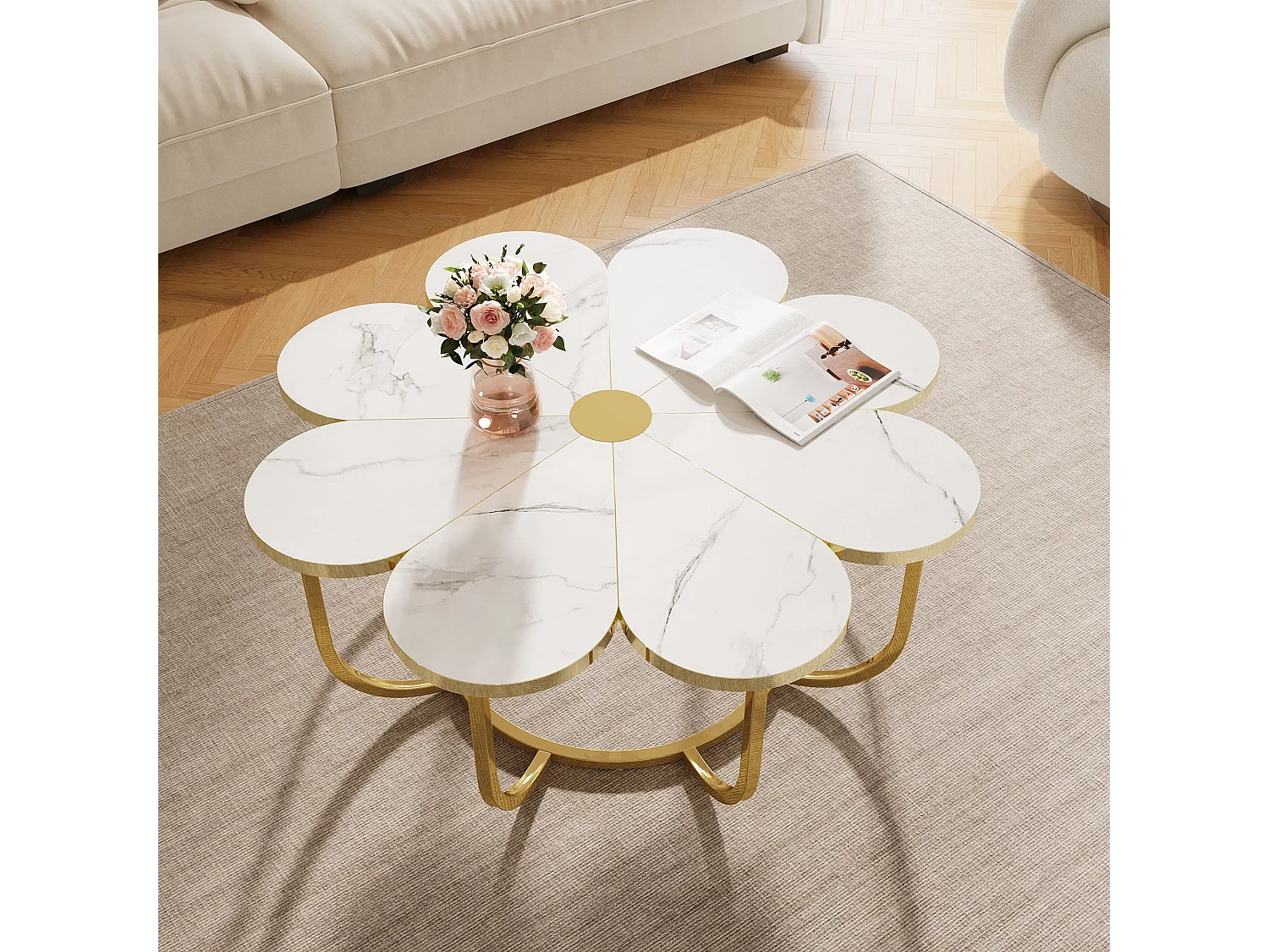 Table Basse Blanc et Or, 100 cm Table Basse Moderne en Forme de Fleur avec Plateau en Faux Marbre, Table Centrale d'appoint Florale