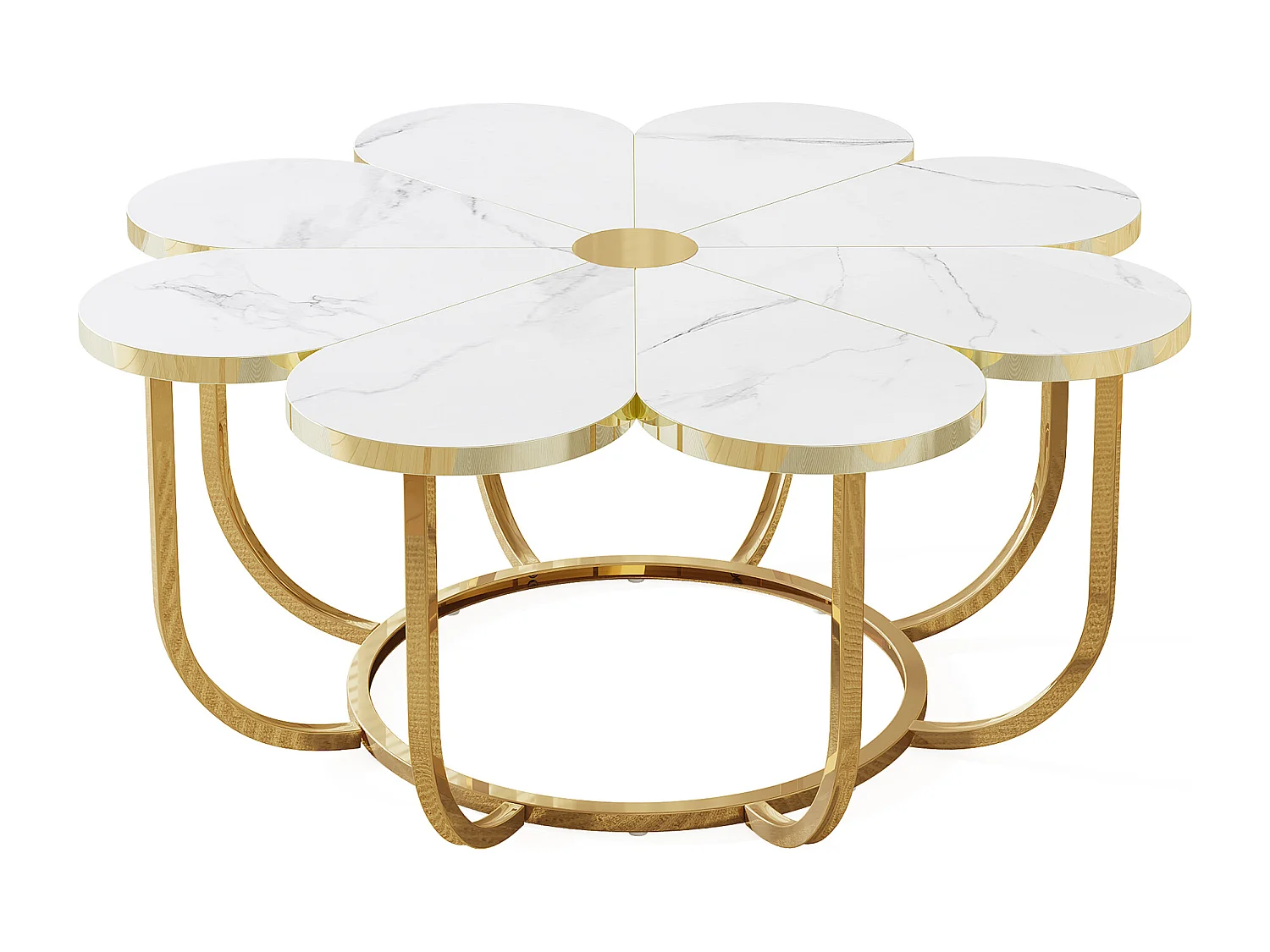 Table Basse Blanc et Or, 100 cm Table Basse Moderne en Forme de Fleur avec Plateau en Faux Marbre, Table Centrale d'appoint Florale